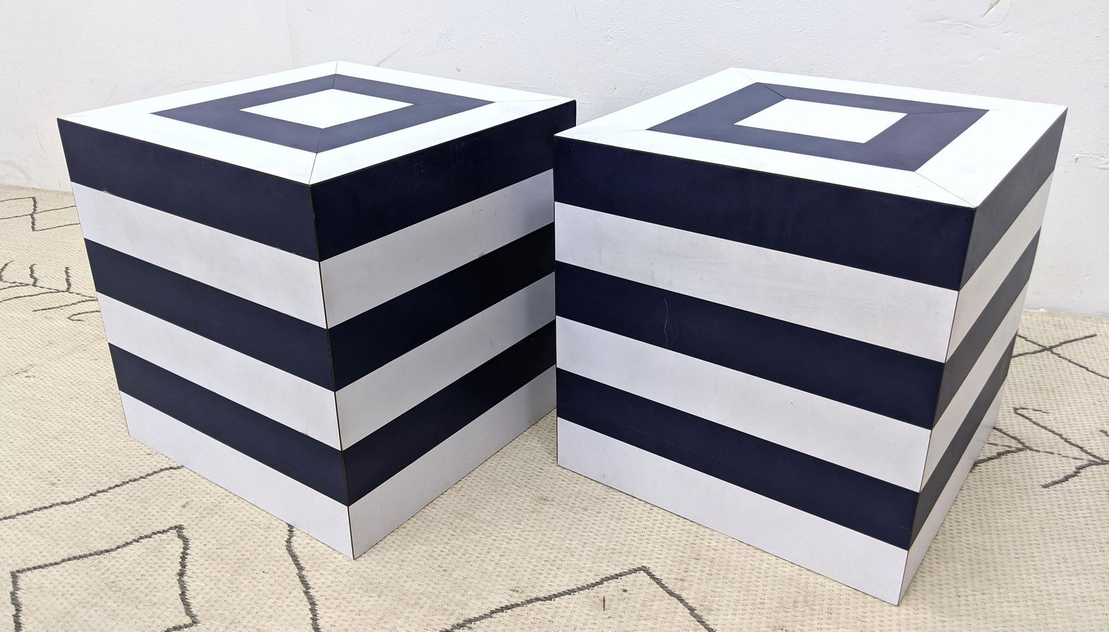 Pair Laminate Cube tables with stripe navy blue and whi (1 of 6)