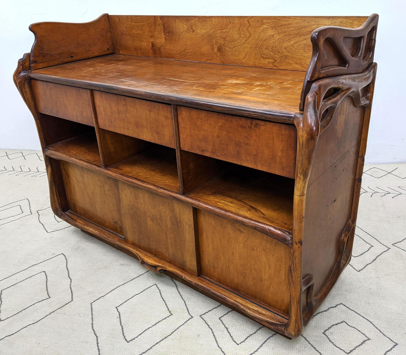 Majorelle style art nouveau console with 3 drawers and: Majorelle style art nouveau console with 3 drawers and sliding doors.-- Dimensions: H: 44 inches: W: 56 inches: D: 23 inches ---