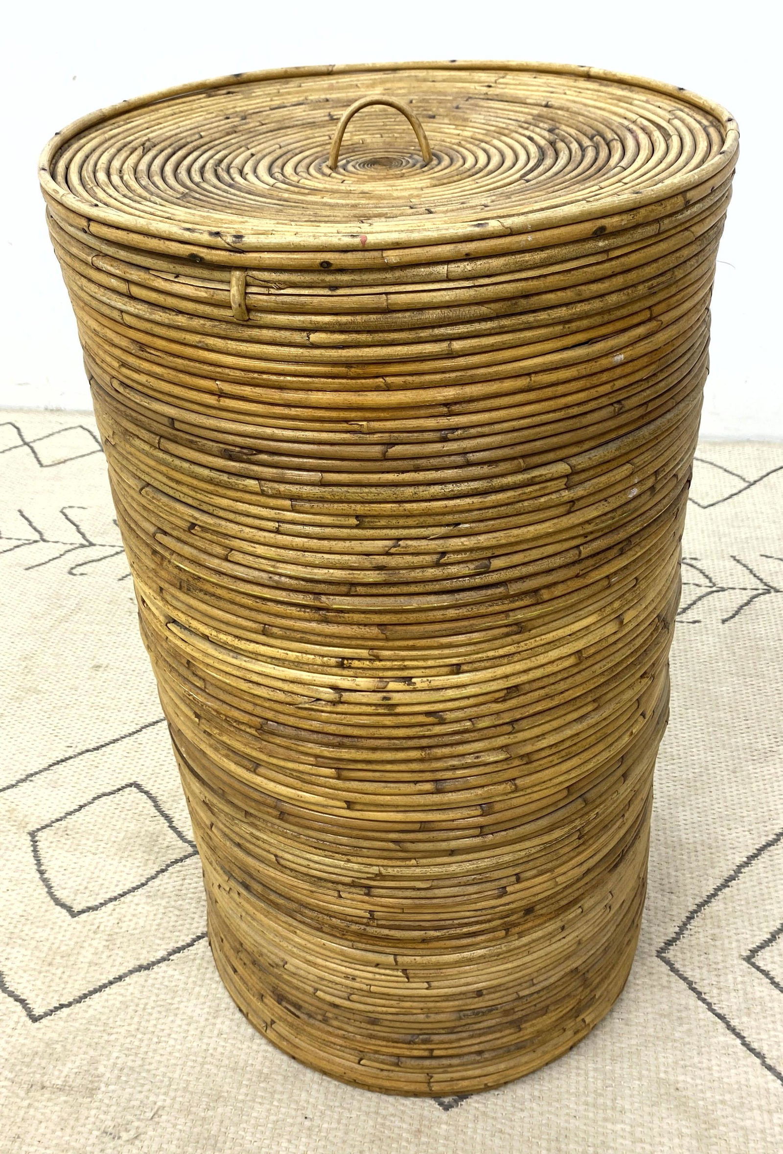Coiled Rattan Covered Basket Bin.  Handled lid. (1 of 5)