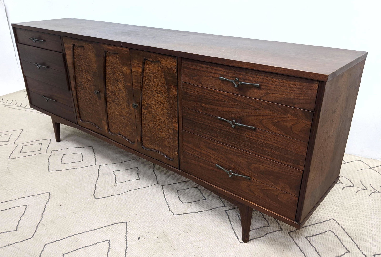 American Modern Low Dresser Credenza Sideboard. Inset b: American Modern Low Dresser Credenza Sideboard. Inset burl doors. -- Dimensions: H: 33 inches: W: 84 inches: D: 18 inches ---