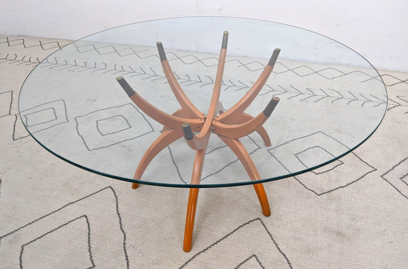 Mid Century Modern Collapsable Spider Table. Painted o: Mid Century Modern Collapsable Spider Table. Painted orange. -- Dimensions: H: 17.5 inches: W: 42 inches: D: 42 inches ---