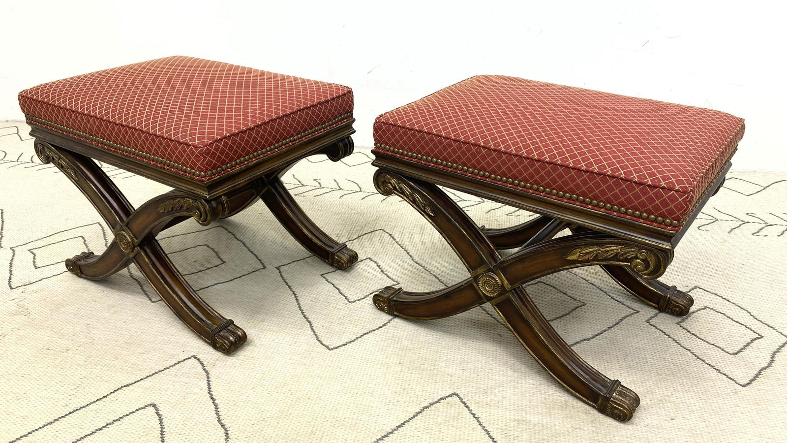 Pair ETHAN ALLEN X Base Stool Ottomans. Gold Highlights (1 of 10)
