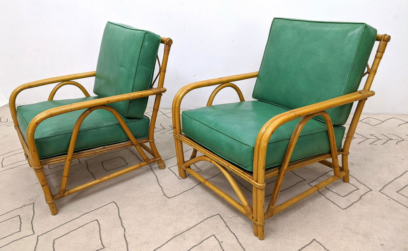 Pair WARD WICKER WARE Lounge Chairs.  Green Vinyl Rever (1 of 17)