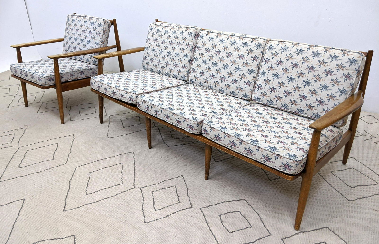 American Modern Walnut Sofa and Chair with Shaped Arms. (1 of 13)