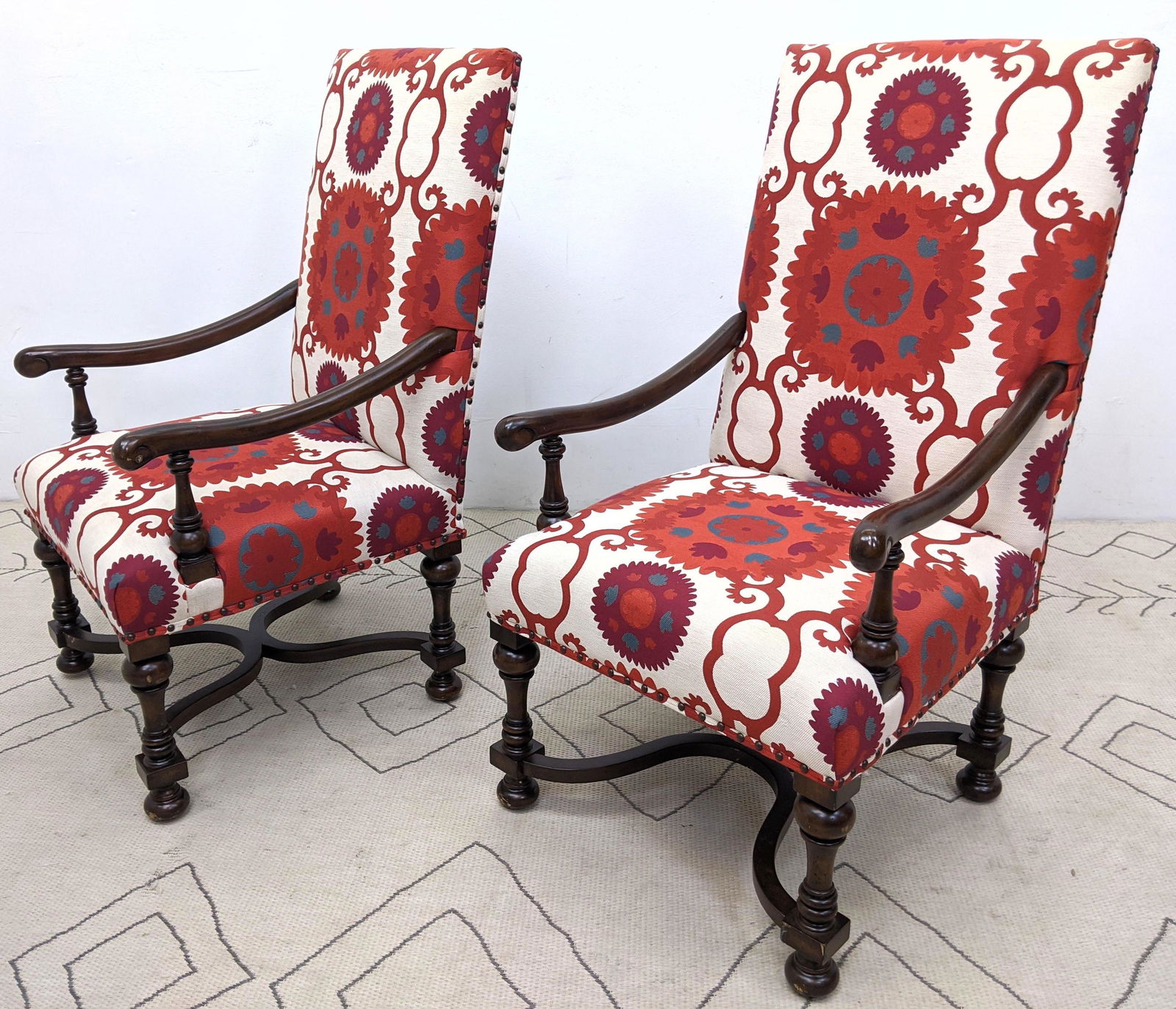 Pr Walnut Arm Chairs with turned stretcher base. Willia (1 of 12)