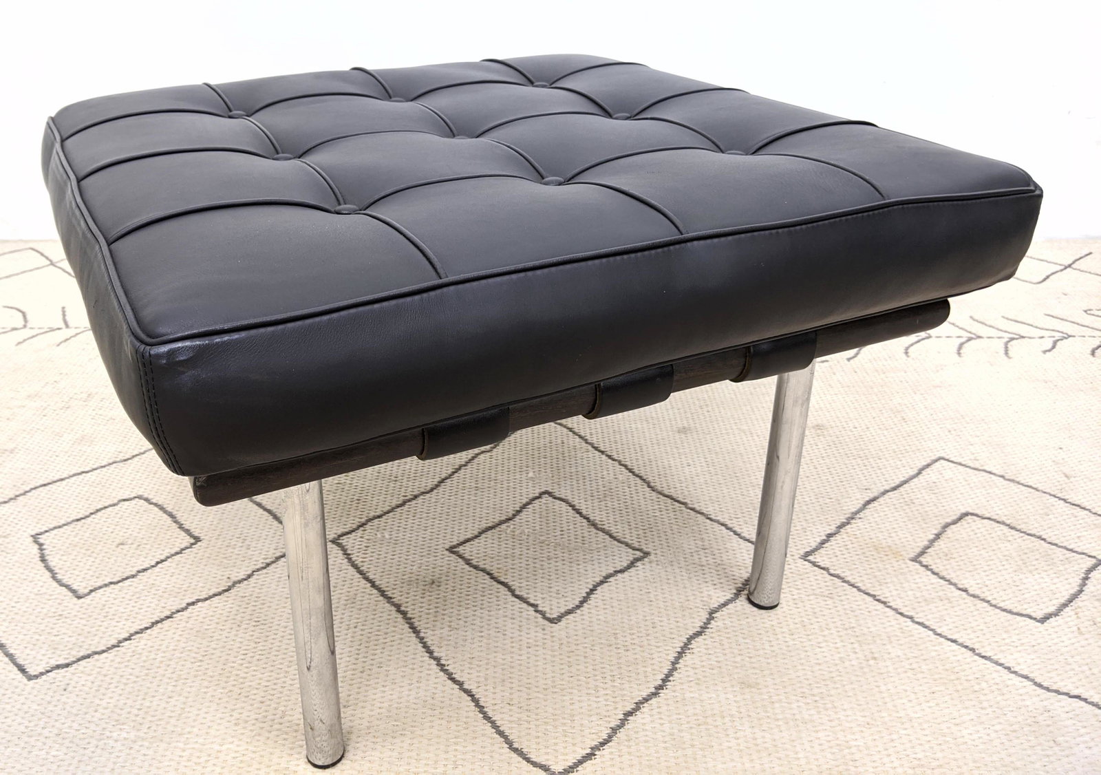 Nelson Style Ottoman Footstool. Black Leather.: Nelson Style Ottoman Footstool. Black Leather.-- Dimensions: H: 18 inches: W: 26.5 inches: D: 26.5 inches ---