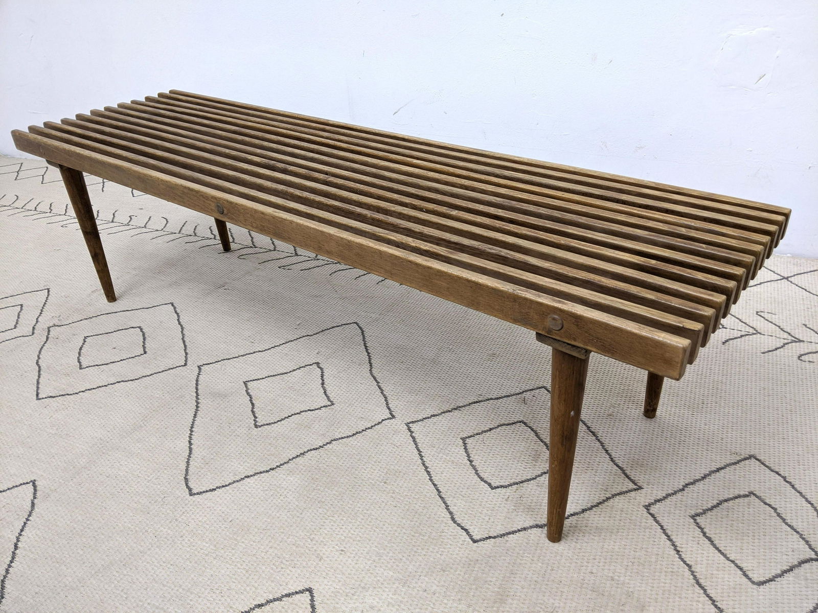 American Modern Walnut Slat Bench Coffee Table. Tapered (1 of 10)