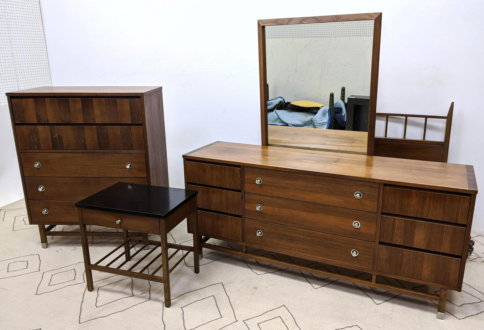 STANLEY Bedroom Set. High and Low Dressers, Bed, Mirror (1 of 20)