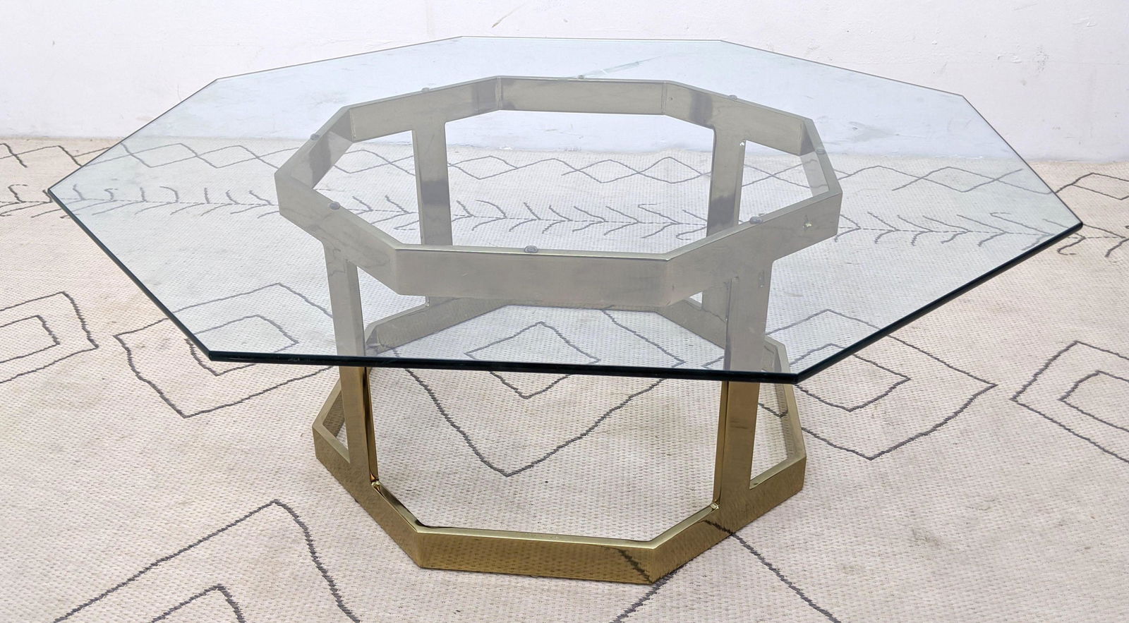 Brass Tone Coffee Cocktail Table with Glass Top. Octago (1 of 6)