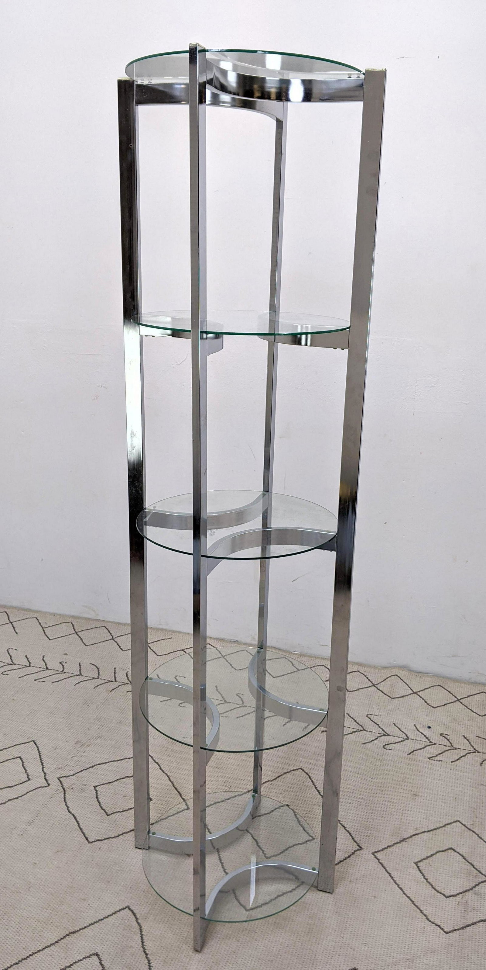 70s Modern Chrome and Glass Etagere Shelf. Circle form: 70s Modern Chrome and Glass Etagere Shelf. Circle form.-- Dimensions: H: 72.5 inches: W: 21 inches: D: 21 inches ---