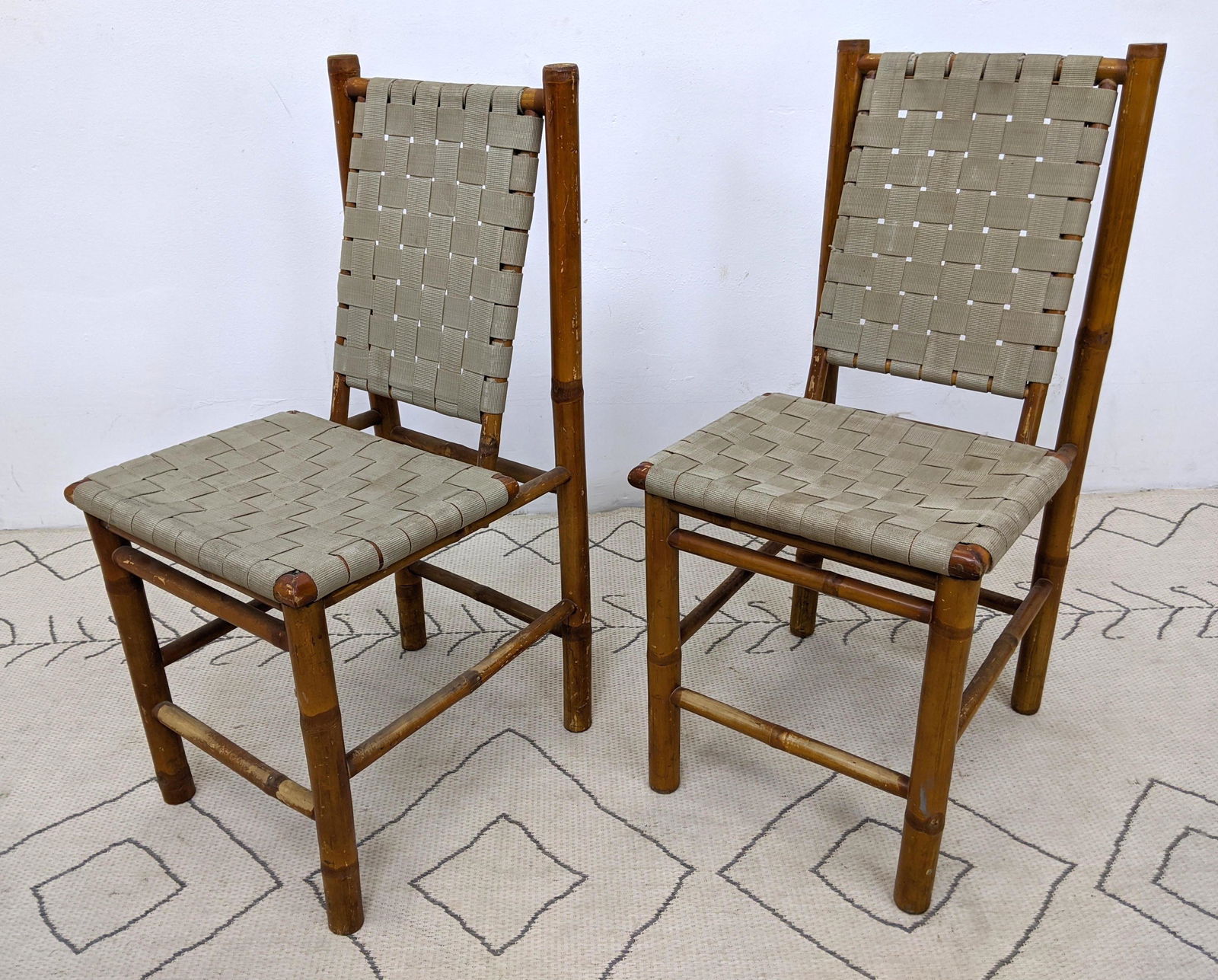 Pair Rustic Bamboo Side Chairs. Woven seat and back. (1 of 10)