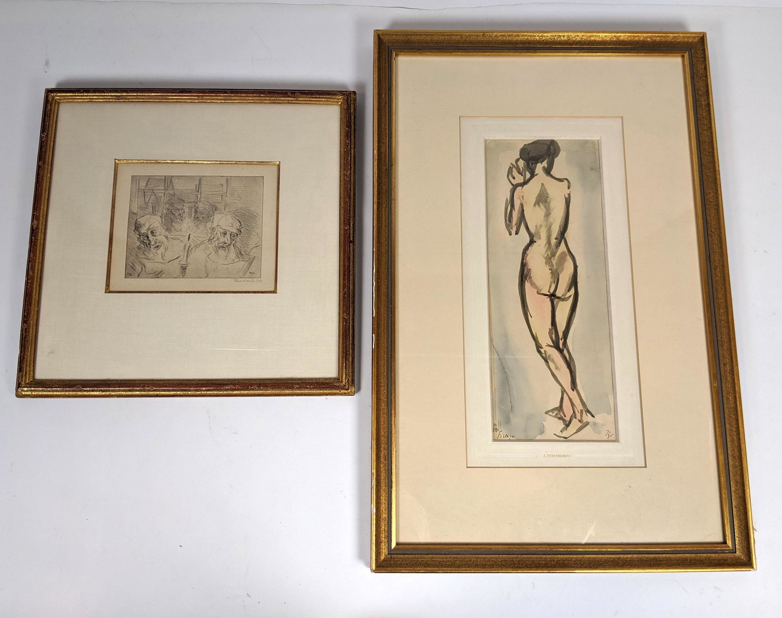 2pcs JACOB STEINHARDT. NUDE Watercolor Painting anf Ju: 2pcs JACOB STEINHARDT. NUDE Watercolor Painting anf Judaica Etching. -- Dimensions: H: 13.5 inches: W: 5 inches ---