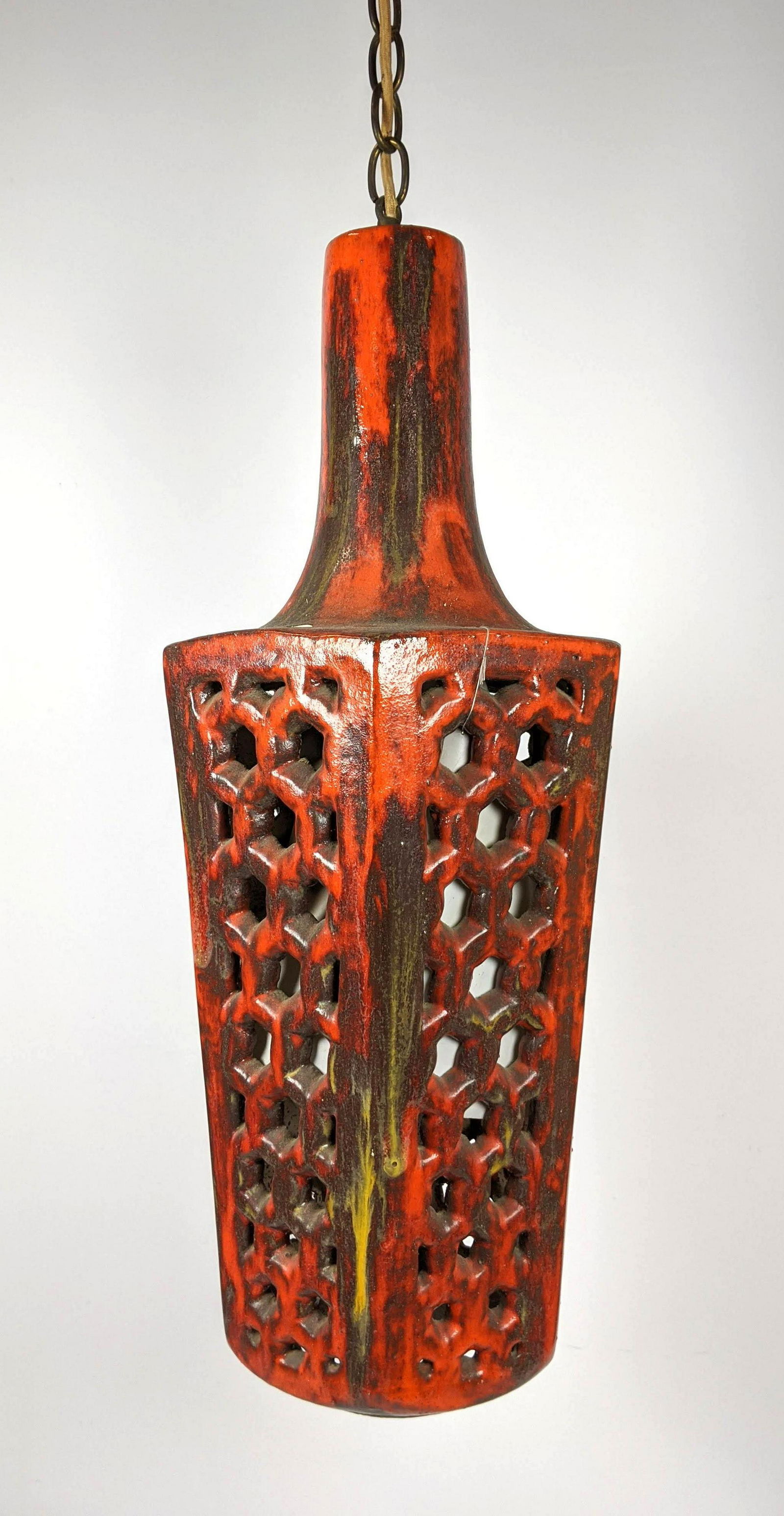 Orange Pottery Pendant Lamp with pierced Design. (1 of 11)