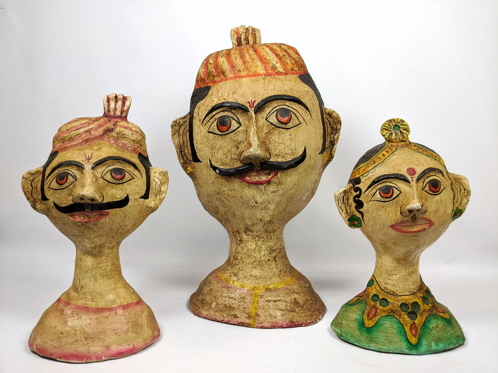 Shelf Lot: 3 composition Hindu Folk Art heads. visible (1 of 10)