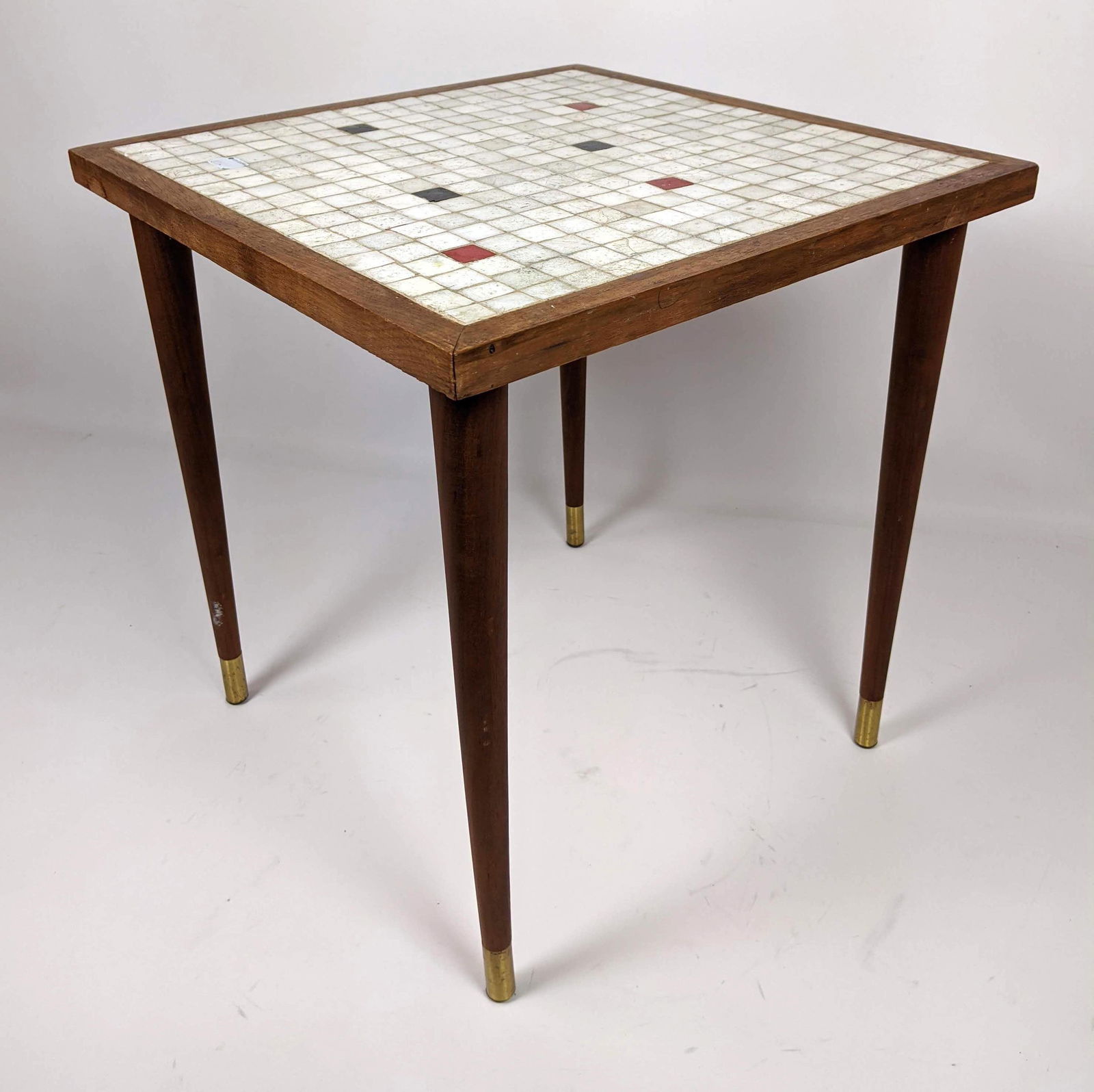 Mosaic top table with tapered legs.: Mosaic top table with tapered legs.-- Dimensions: H: 16 inches: W: 15.5 inches: D: 15.5 inches ---