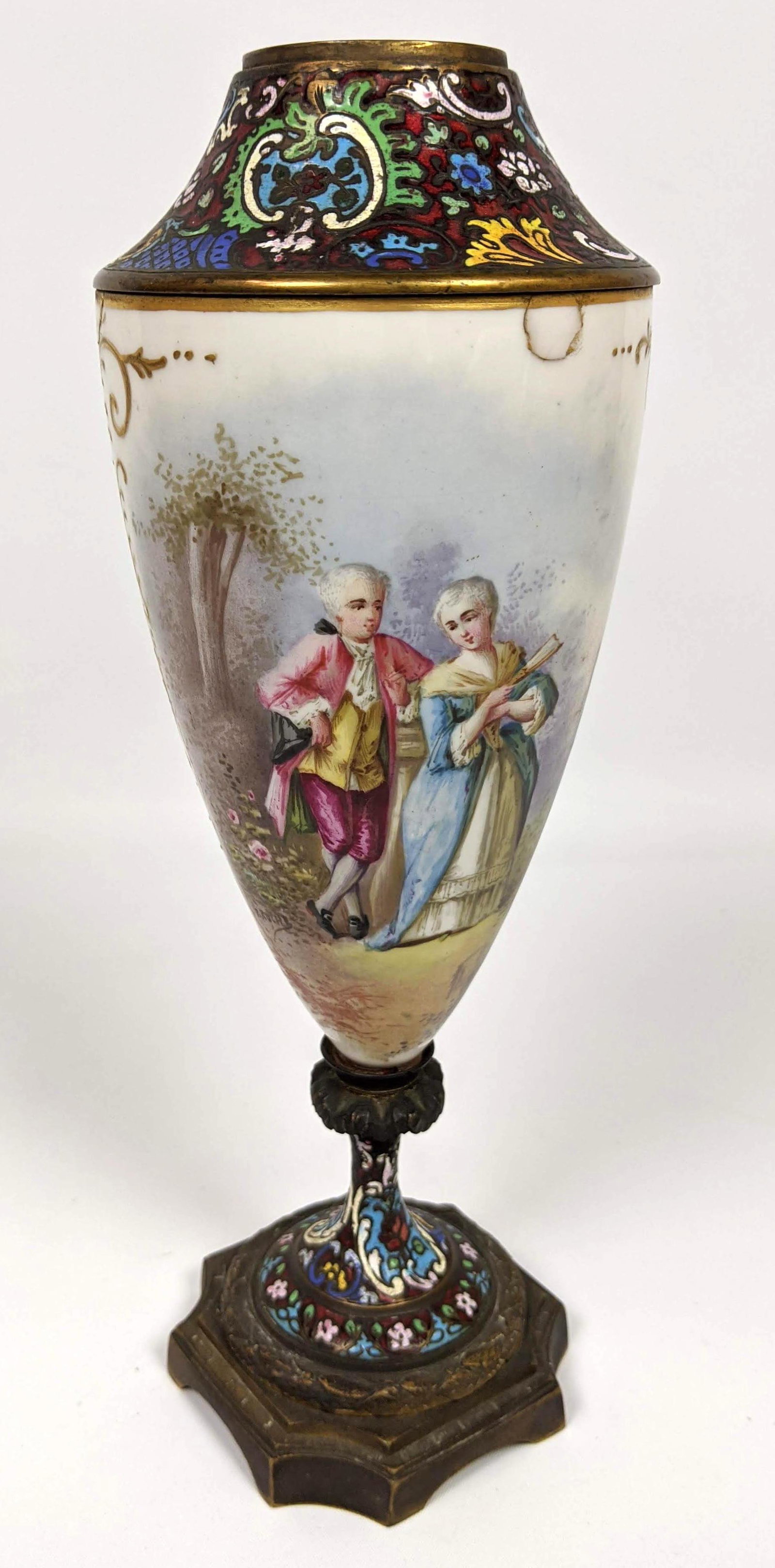 Porcelain and Champleve Vase with Hand Painted Body.: Porcelain and Champleve Vase with Hand Painted Body.-- Dimensions: H: 10.25 inches: W: 3.5 inches: D: 3.5 inches ---