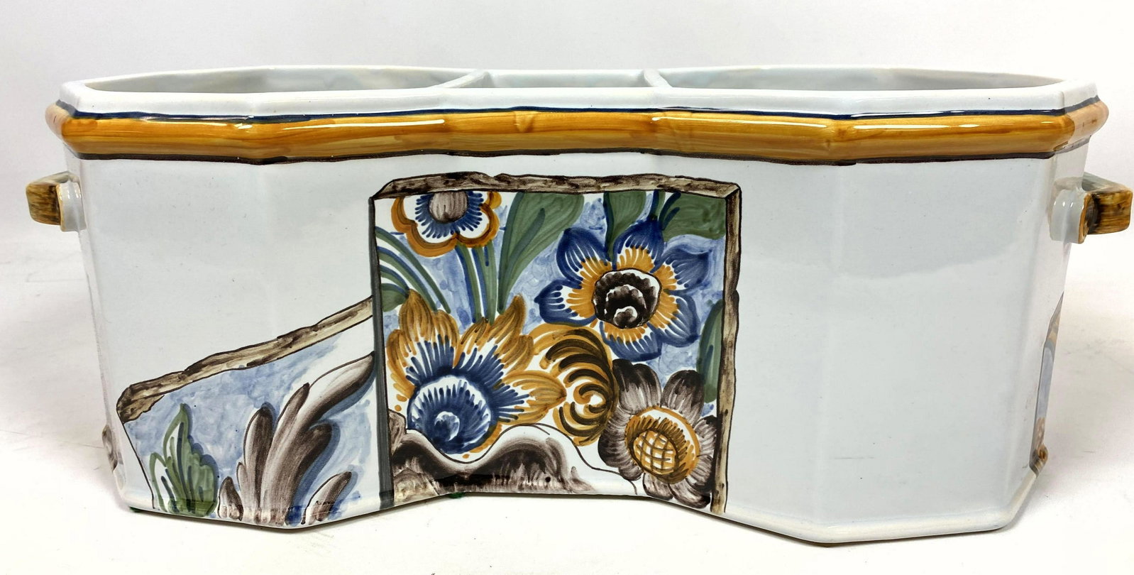 French Glazed Pottery Wine Cooler. Floral Decoration.: French Glazed Pottery Wine Cooler. Floral Decoration. Hand Painted in France for Tiffany and Co. -- Dimensions: H: 7 inches: W: 18 inches: D: 9 inches ---
