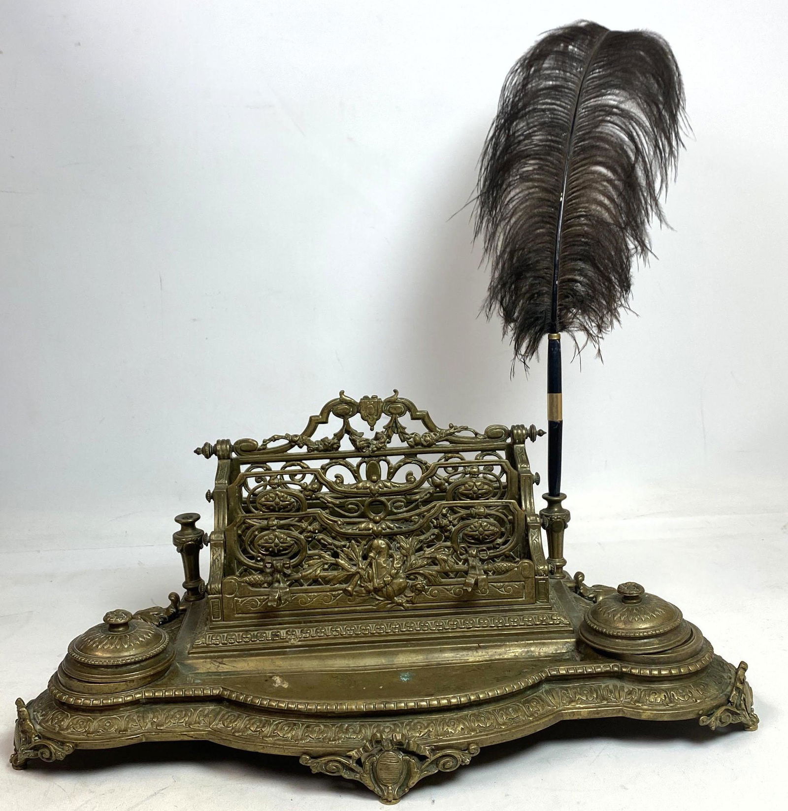 Victorian Brass Double Inkwell Letter Holder. (1 of 12)