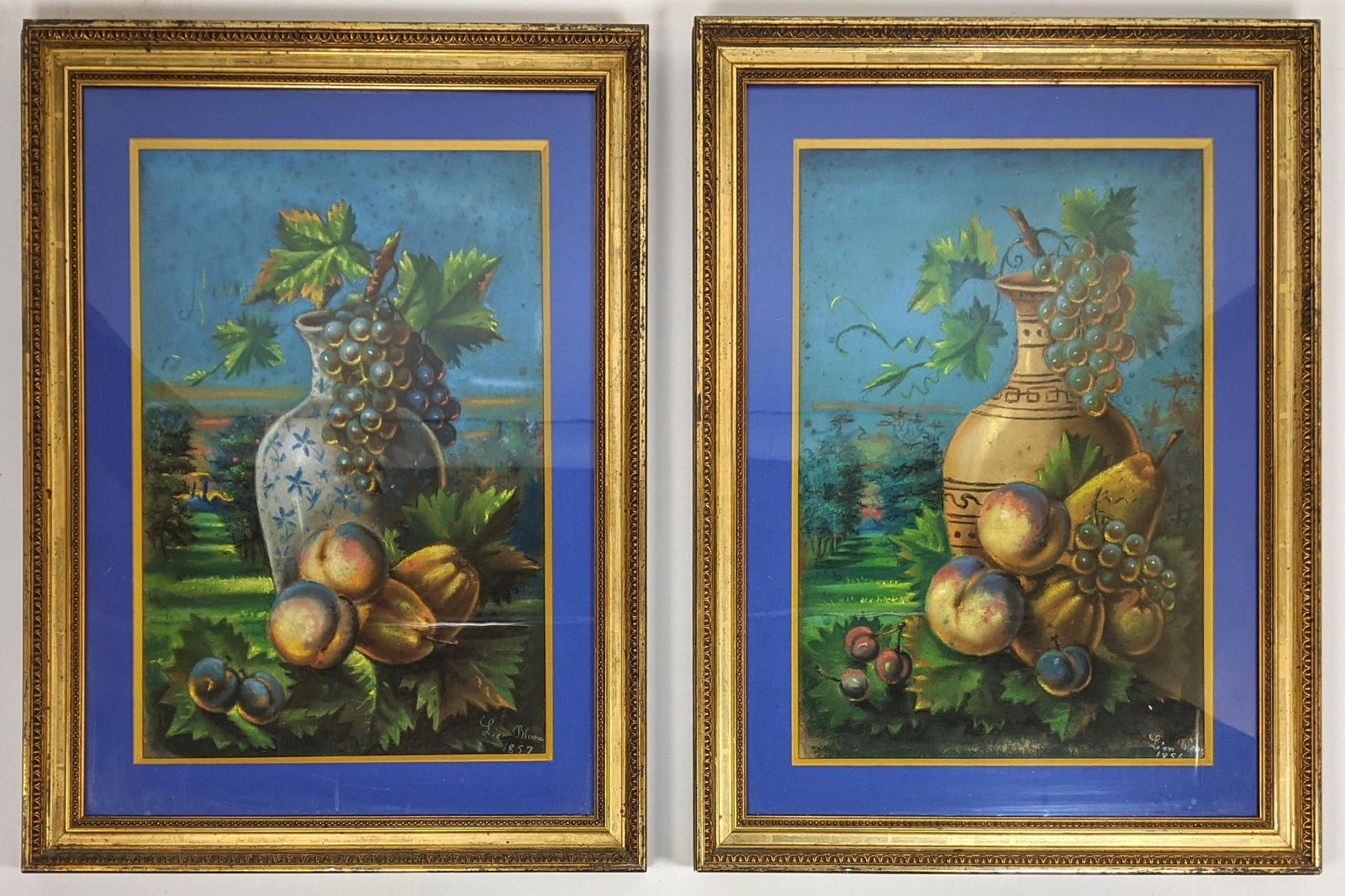 Pair Signed 1857 Pastel Paintings,  Fruit and Urn. Newl (1 of 7)