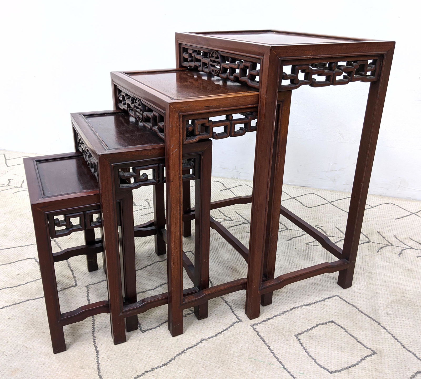 4pc Set Asian Nesting Tables.  Carved Skirt design. (1 of 11)