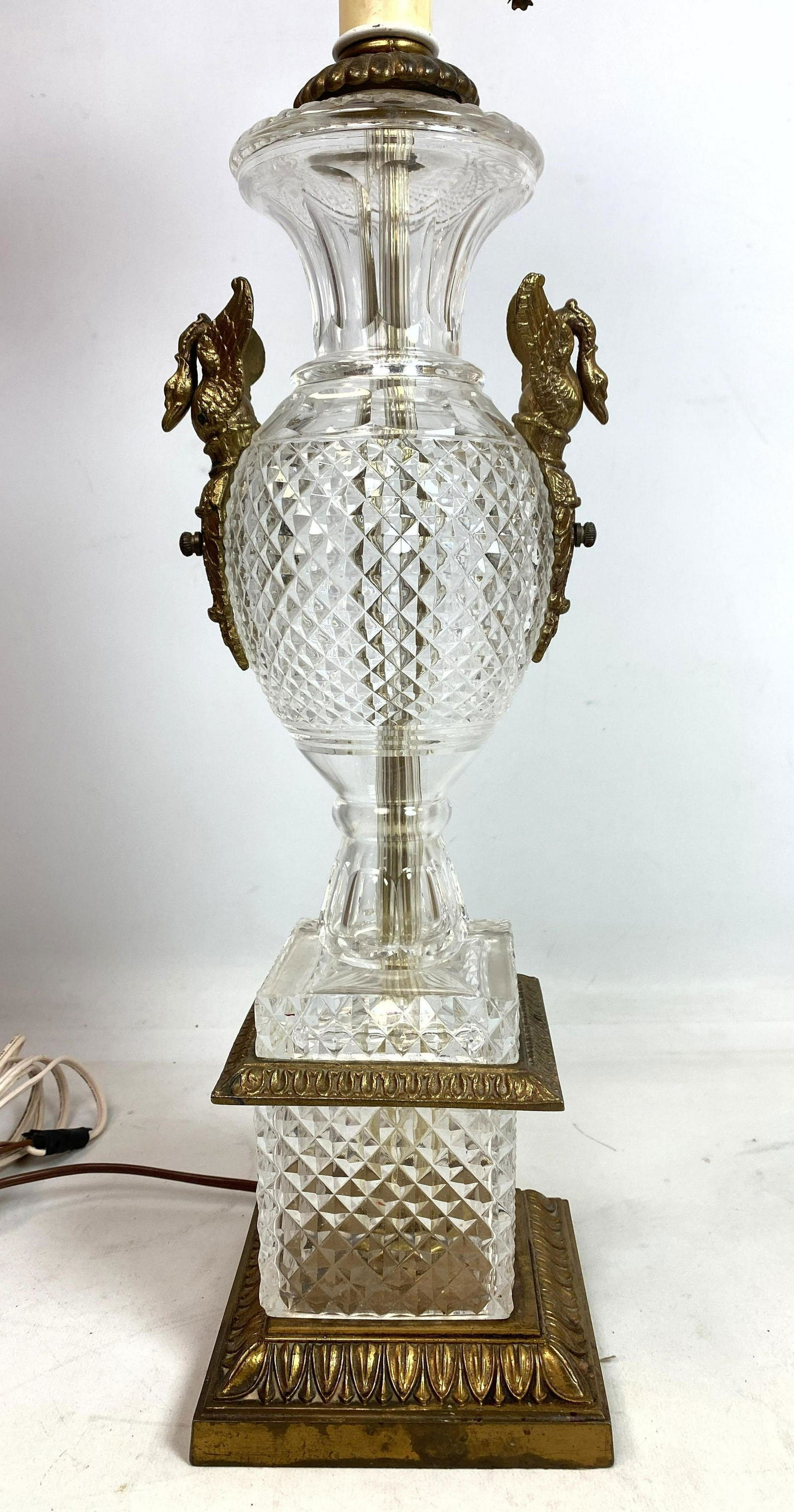 Crystal and Brass Table Lamp with Swan Decoration.: Crystal and Brass Table Lamp with Swan Decoration.-- Dimensions: H: 31 inches: W: 5.5 inches: D: 5.5 inches ---