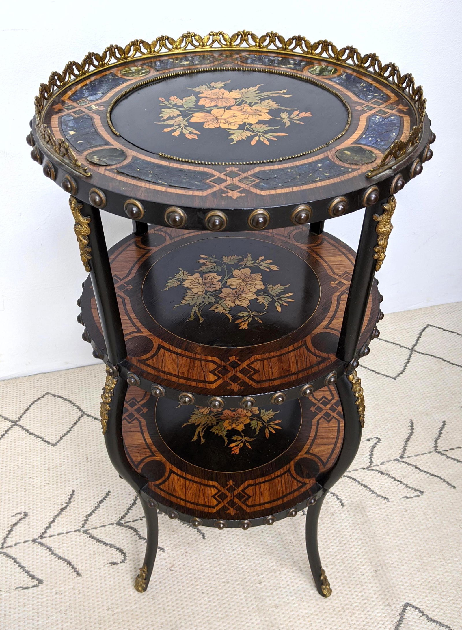 Antique Inlaid 3 Tier Stand with Floral Inlay. Faux sto (1 of 12)