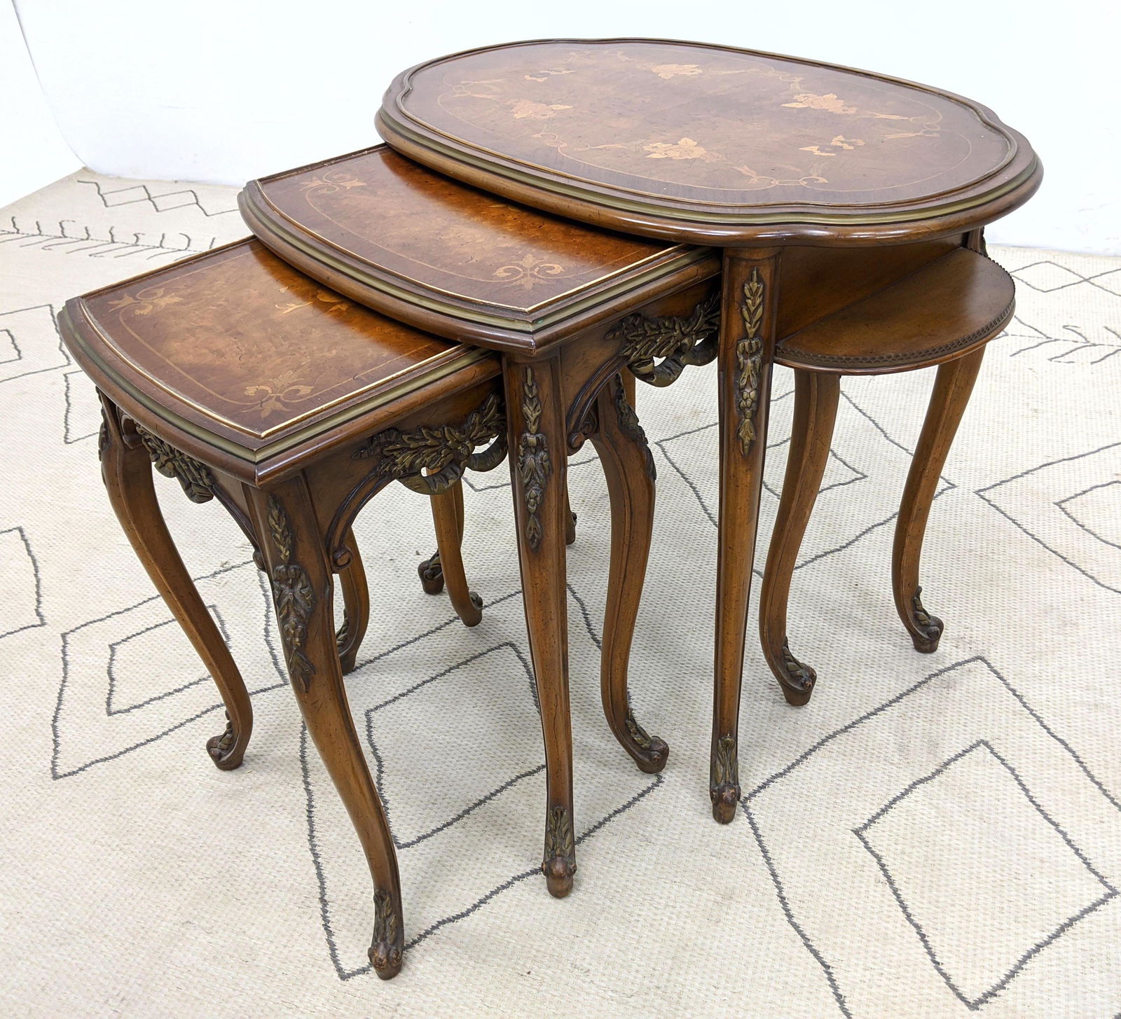 Set of Inlaid French style nesting tables. Carved. (1 of 12)
