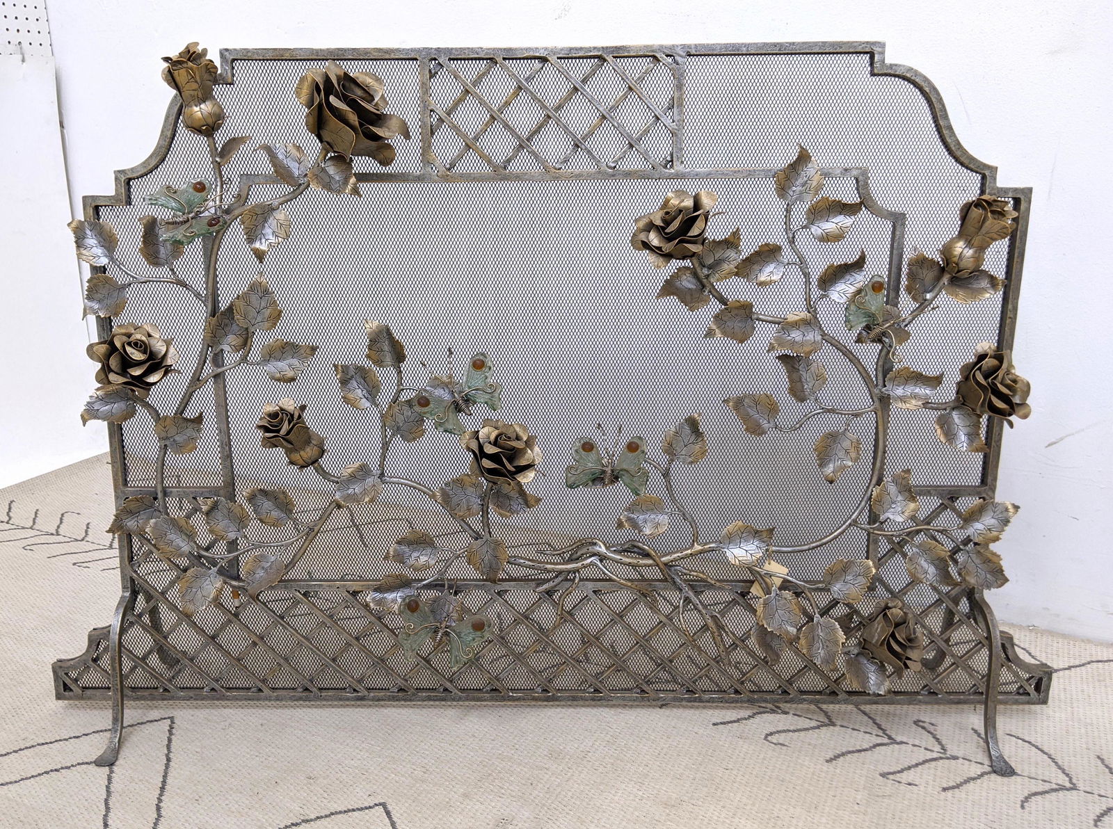 Fancy Iron Fire Screen with Floral Decoration. Glass wi (1 of 9)