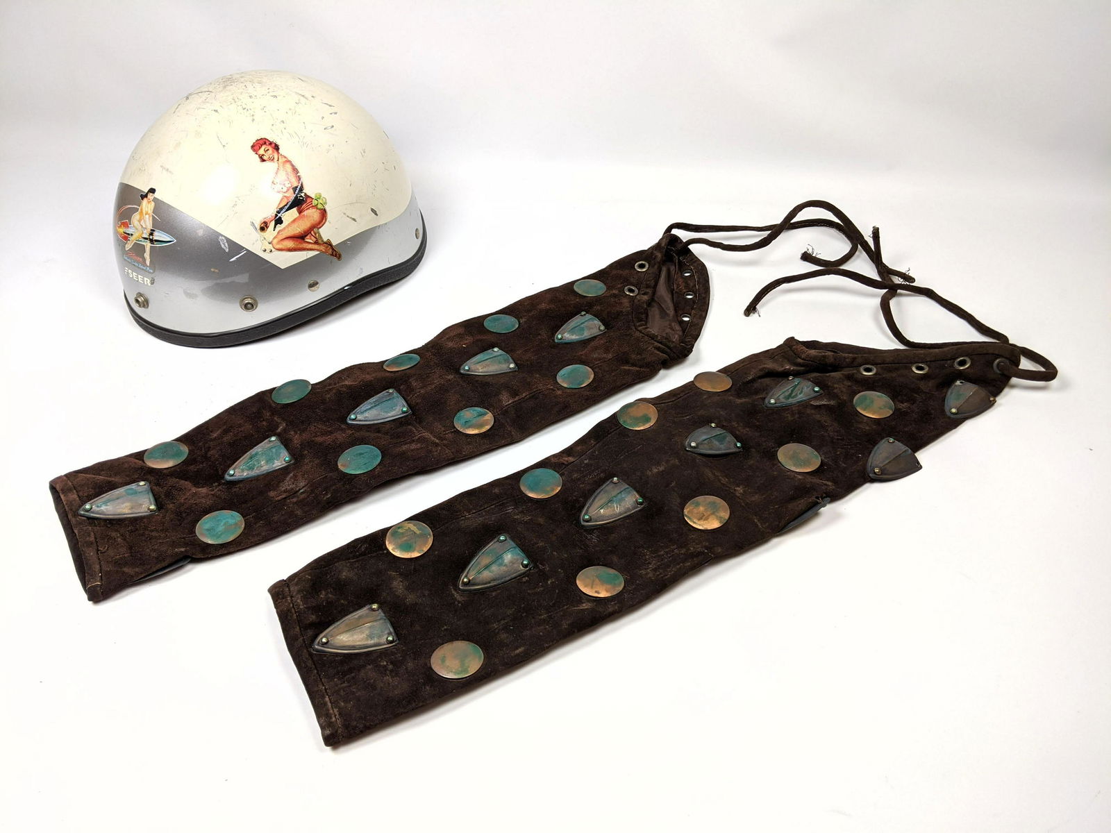 Motorcycle lot.  Choppers inc decorated helmet. suede s (1 of 15)