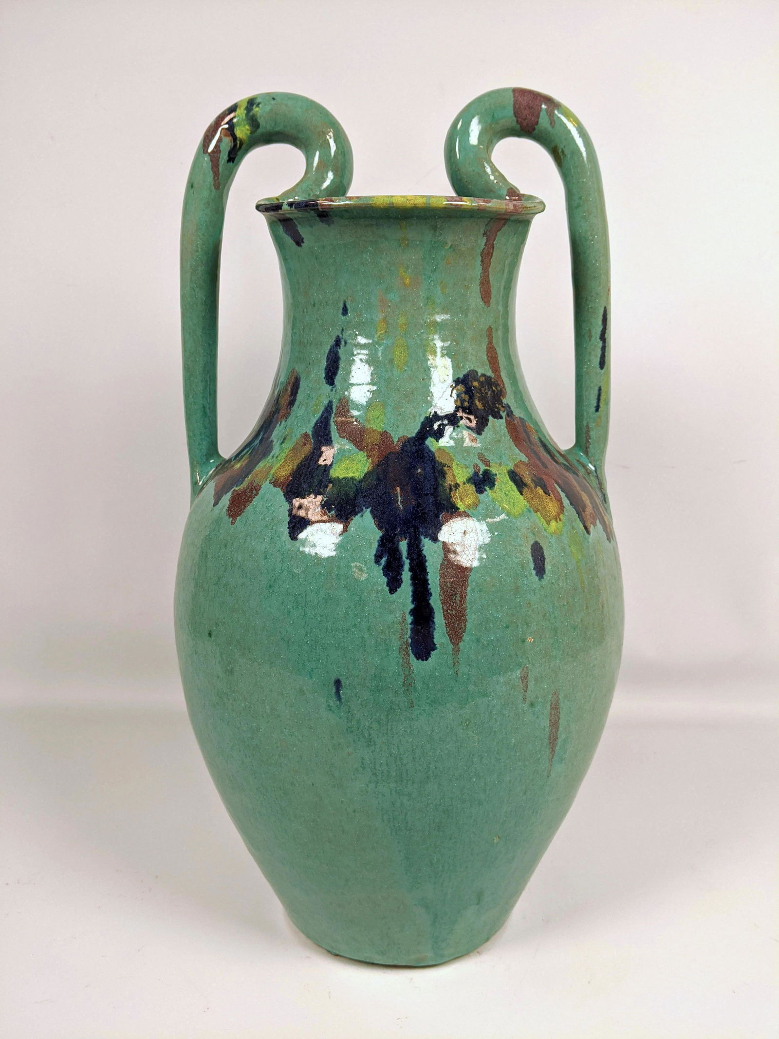 Large Glazed Redware Handled Urn. (1 of 7)