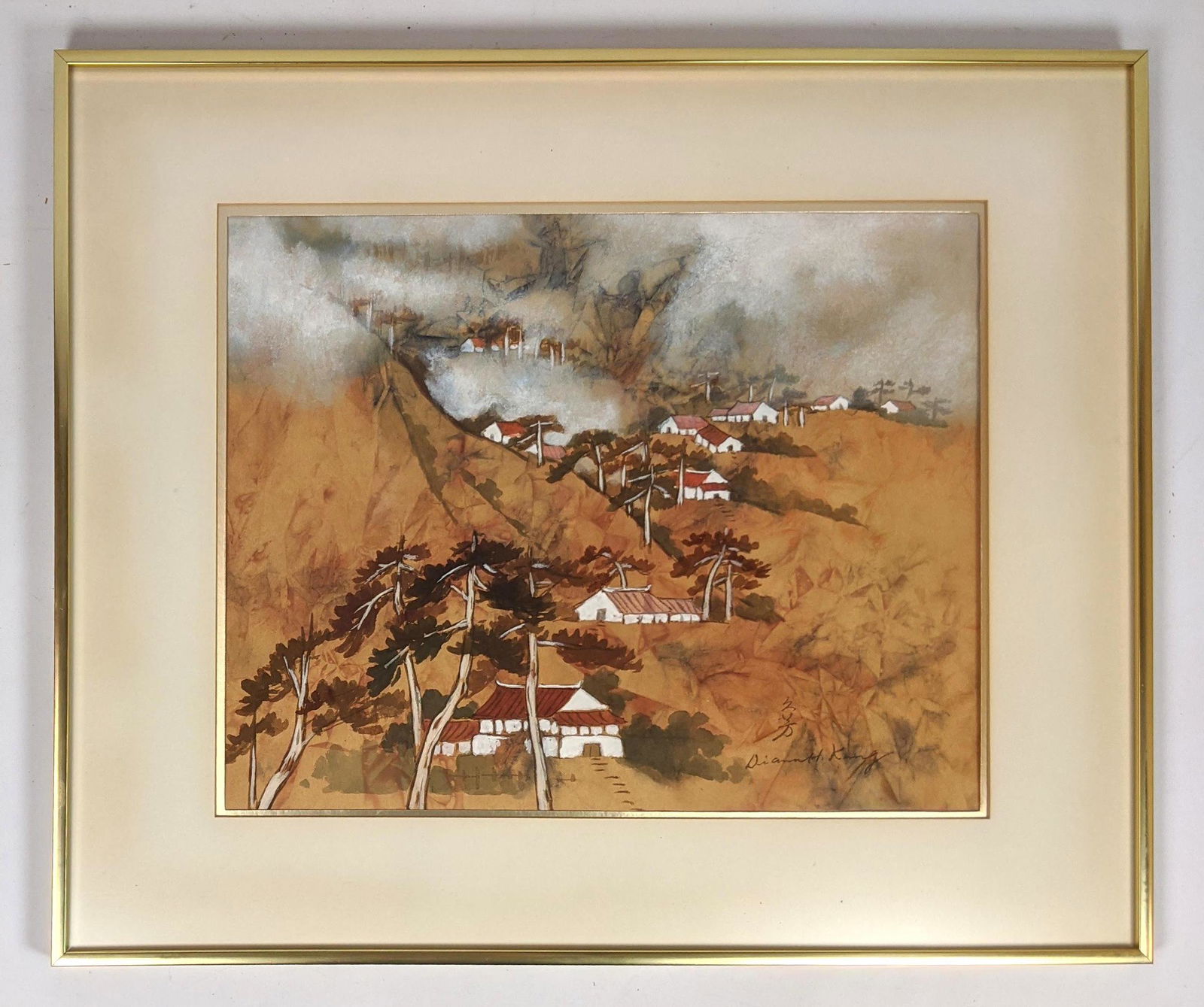 DIANA H. KUNG Mountain Side Painting. Framed under gla: DIANA H. KUNG Mountain Side Painting. Framed under glass.-- Dimensions: H: 13 inches: W: 16.5 inches -- FRAME SIZE: Frame Height 20 inches - Frame Width 24 inches ---