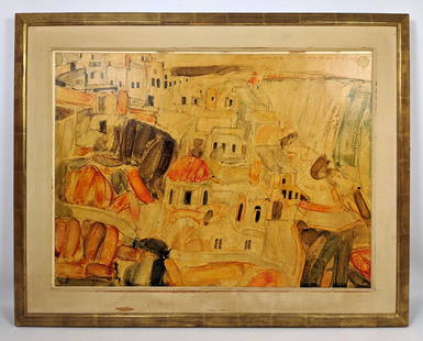 PAUL GIOVANOPOULOS Tempura painting. Santerini Greece.: PAUL GIOVANOPOULOS Tempura painting. Santerini Greece. Framed under glass. -- Dimensions: H: 19.5 inches: W: 17.5 inches -- FRAME SIZE: Frame Height 26 inches - Frame Width 34 inches ---