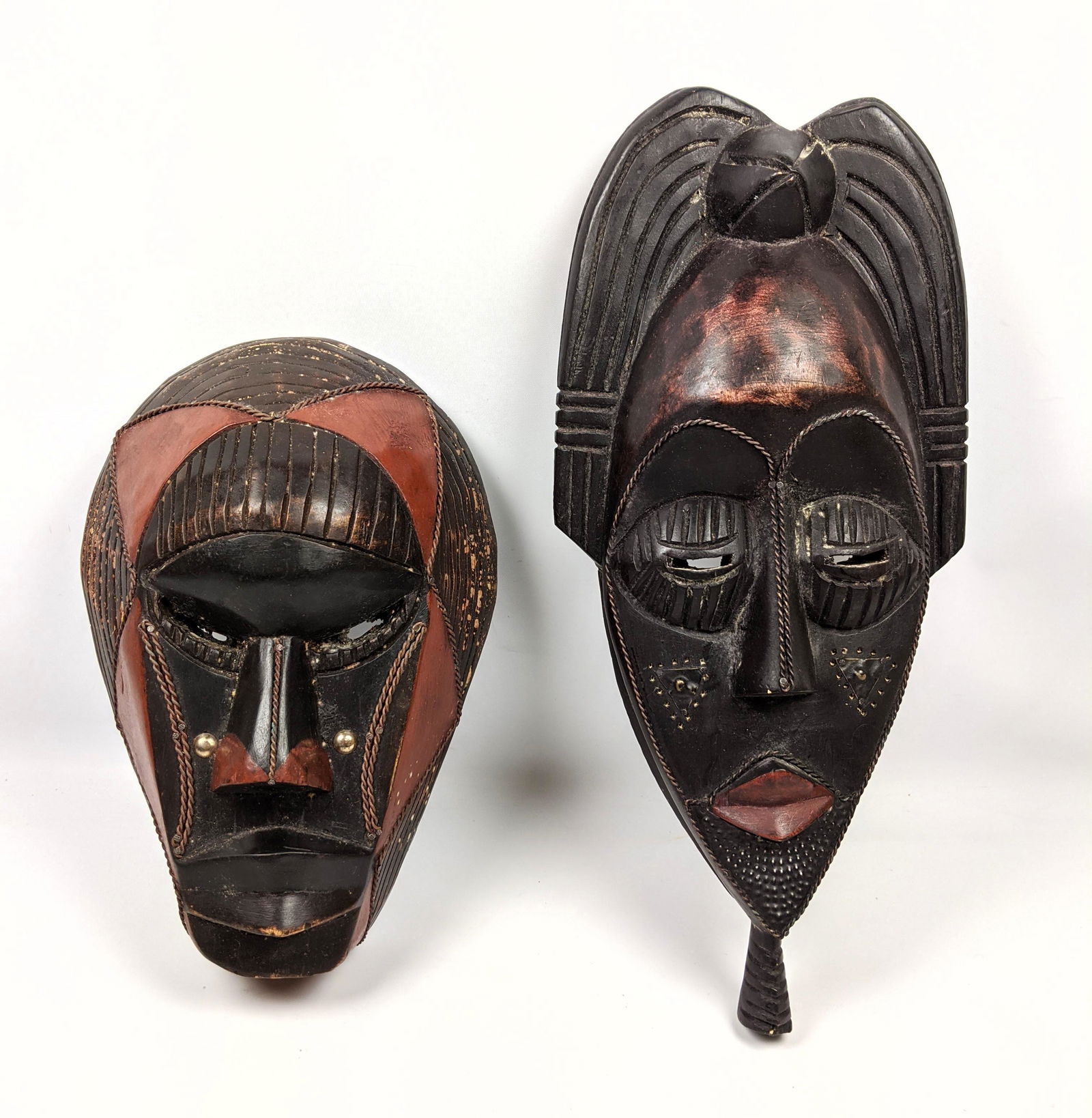 2pcs Carved Wood African Masks.  Metal Accents. Ghana (1 of 17)