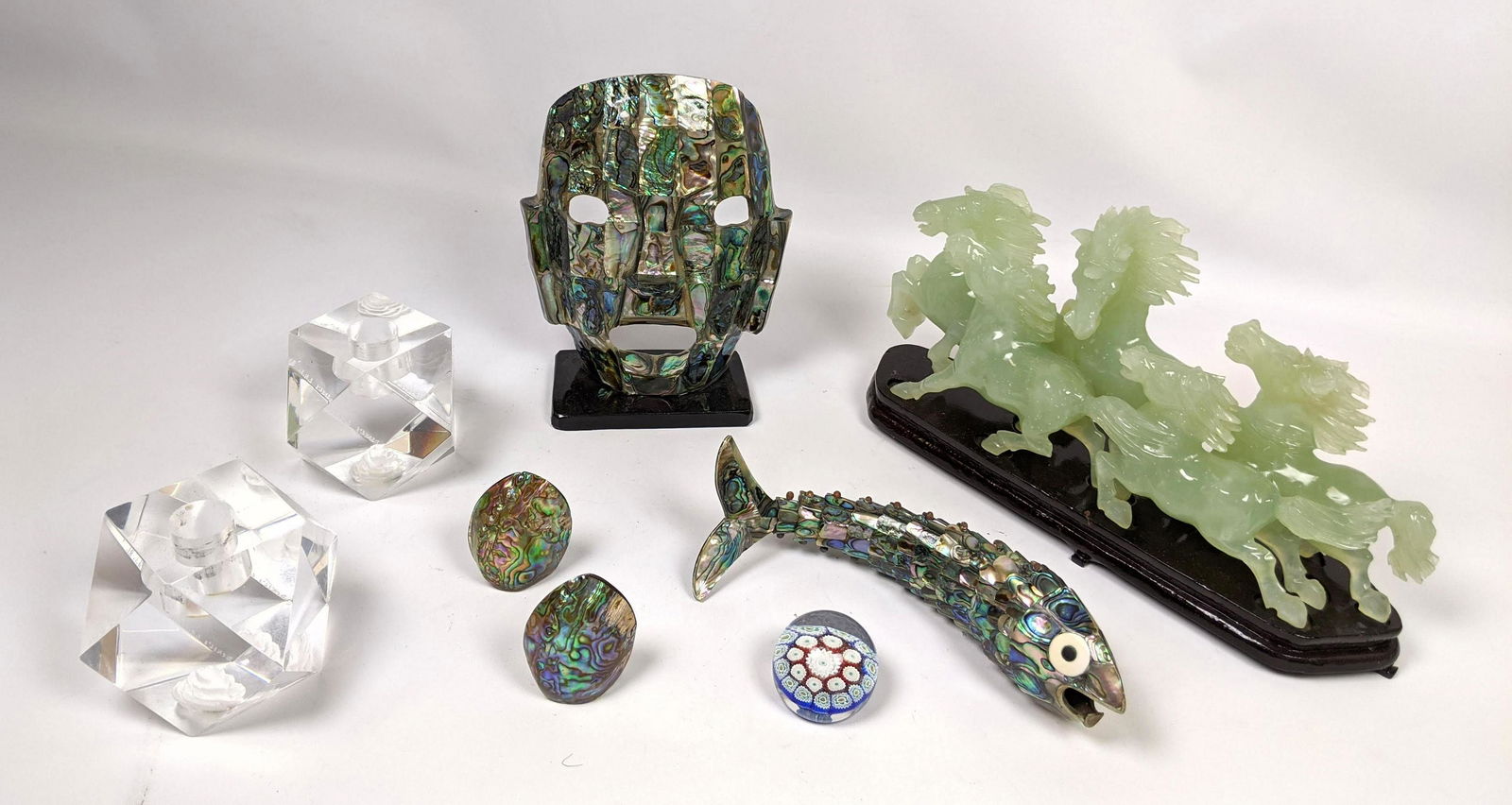 Decorative Objects. Mother of Pearl mask, fish, salt p: Decorative Objects. Mother of Pearl mask, fish, salt pepper. Paper weights, etc.-- Dimensions: H: 6 inches: W: 11.5 inches: D: 3 inches ---