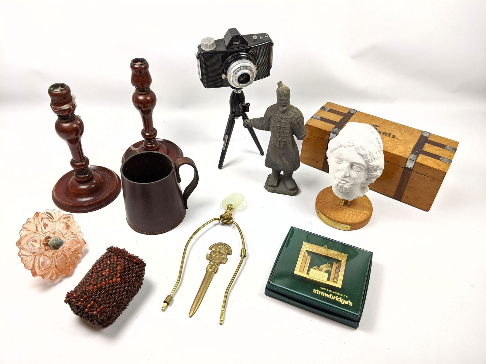Mixed lot. Camera, wood candle sticks, Leather mug, Gen (1 of 13)