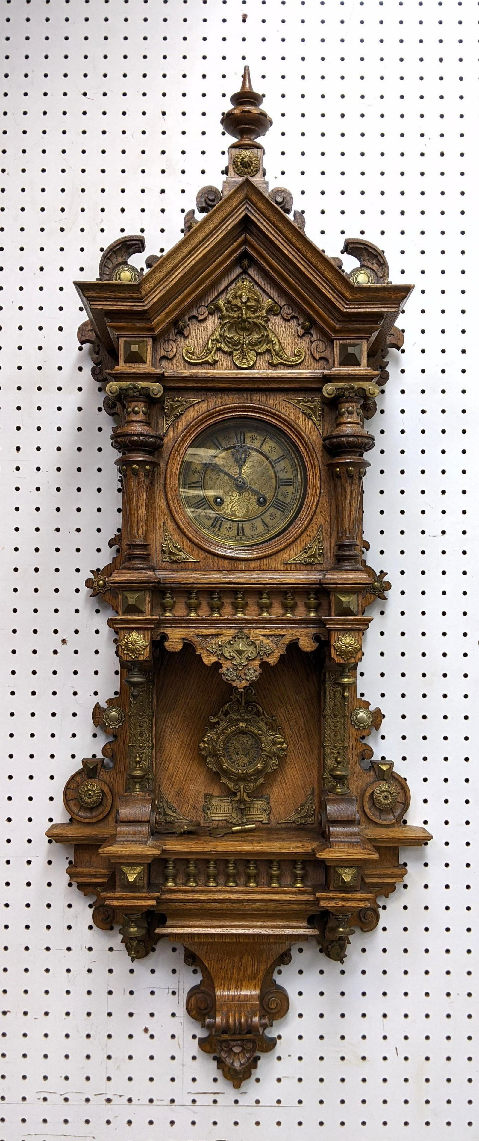 Large Fancy Oak Wall Clock with Brass Mountings. (1 of 14)
