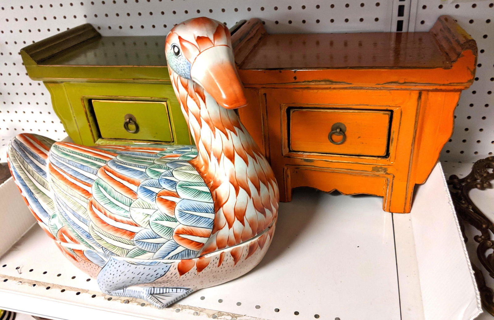 3pc Chinese lot. covered duck and 2 wood stands. (1 of 11)