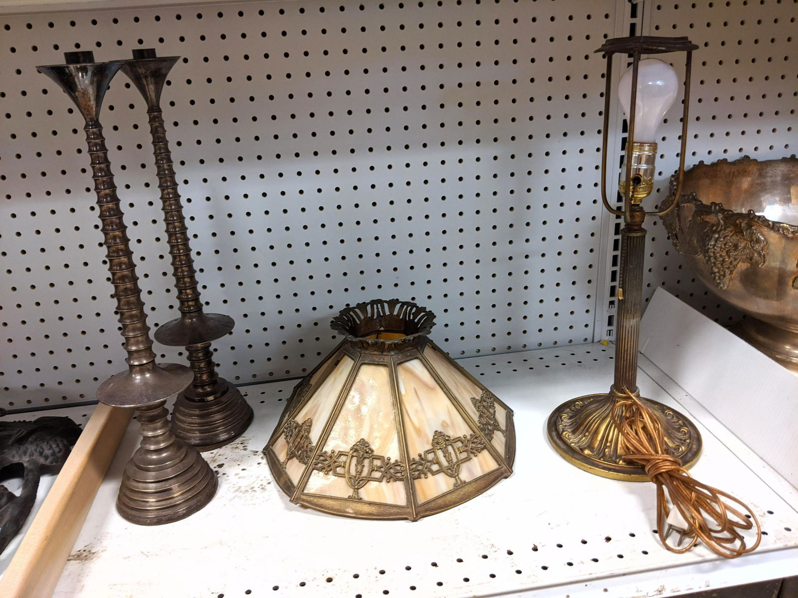 Slag glass lamp and pair of Silverplate machine age can (1 of 18)