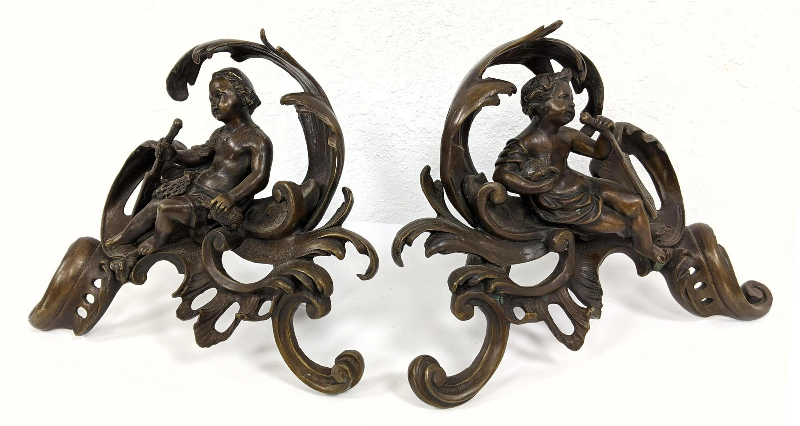 Pr Bronze Chenets Cherub Forms. Brown patina. Andirons. (1 of 10)