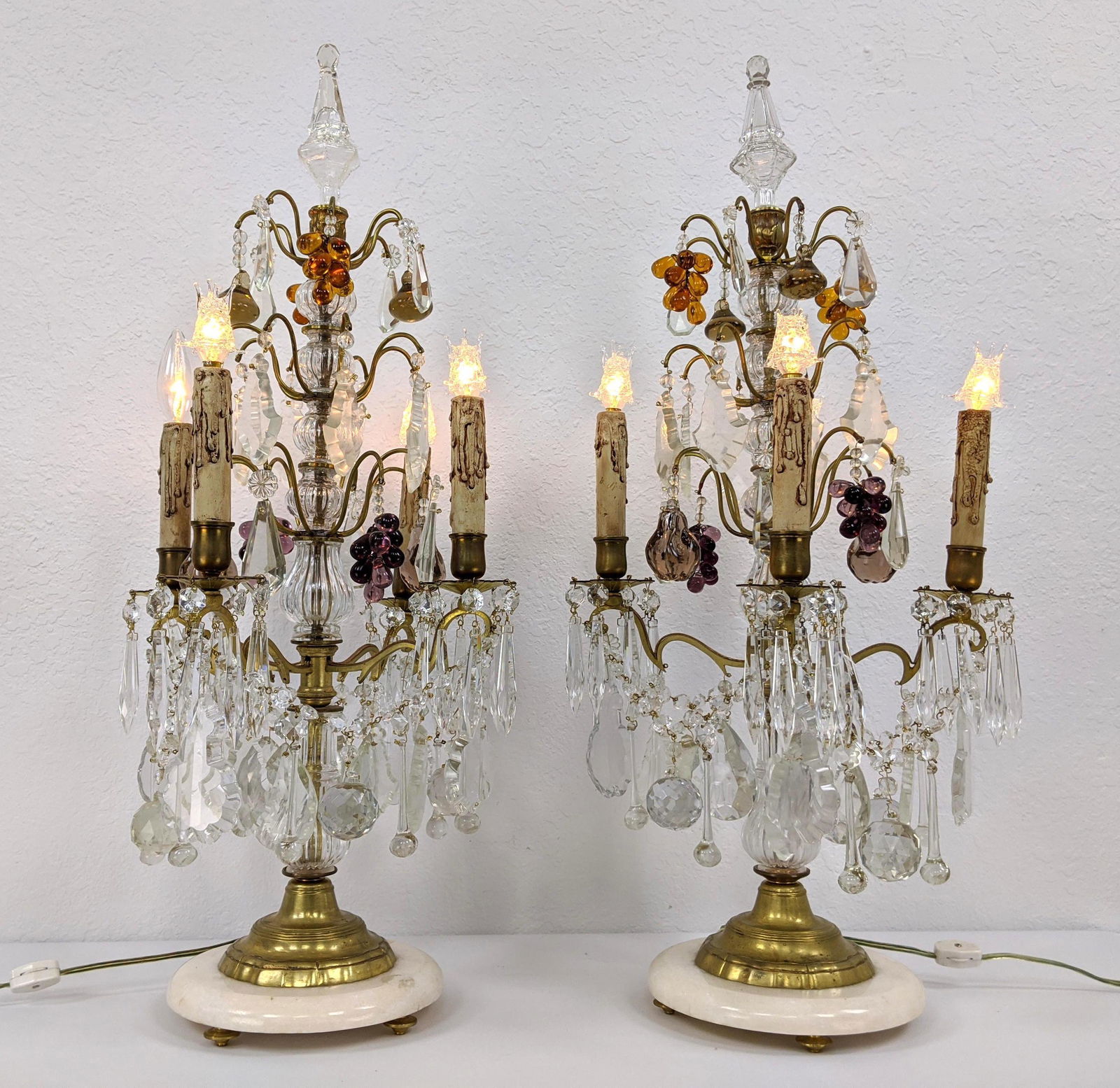 Pr Antique Fancy Crystal Brass & Marble Lamps. Candelab (1 of 11)