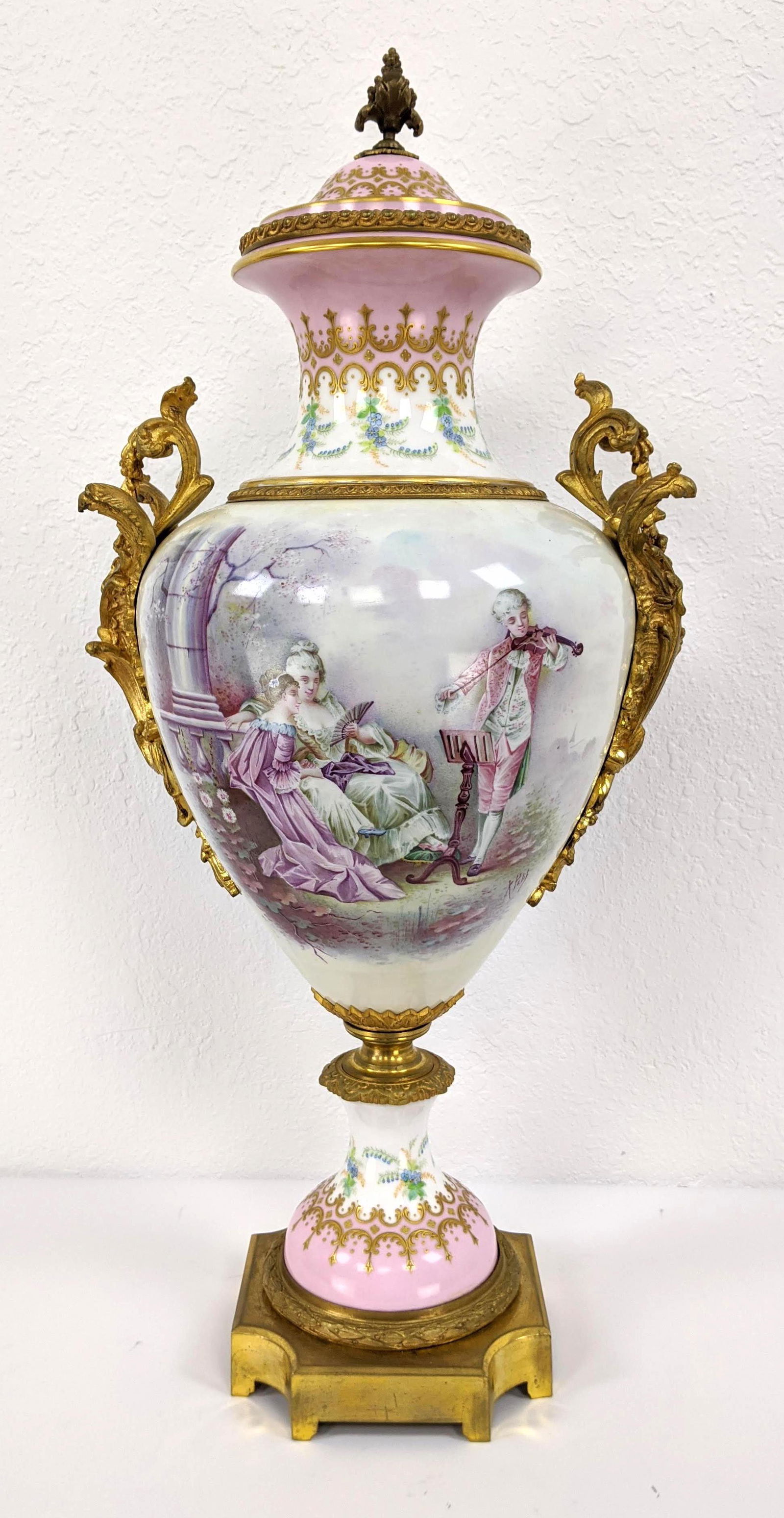 SEVRES Brass Bronze Mounted Porcelain Urn. Antique. Gil (1 of 12)