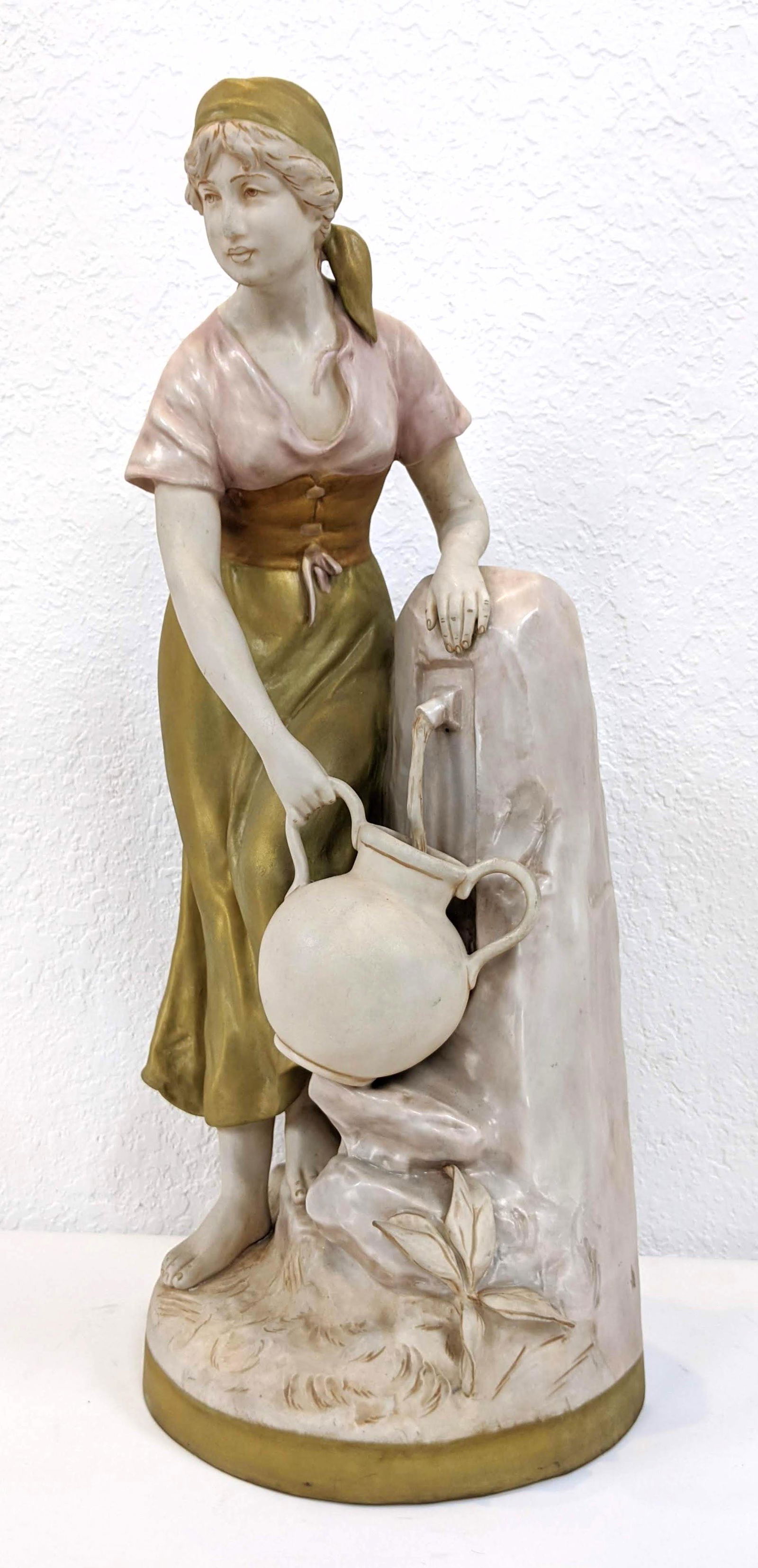 DUX Czechoslovakian PotteryFigural Sculpture. Young wo: DUX Czechoslovakian PotteryFigural Sculpture. Young woman at fountain. Hand painted. Marked Dux. and 18564 64.-- Dimensions: H: 24 inches: W: 10 inches: D: 10 inches ---