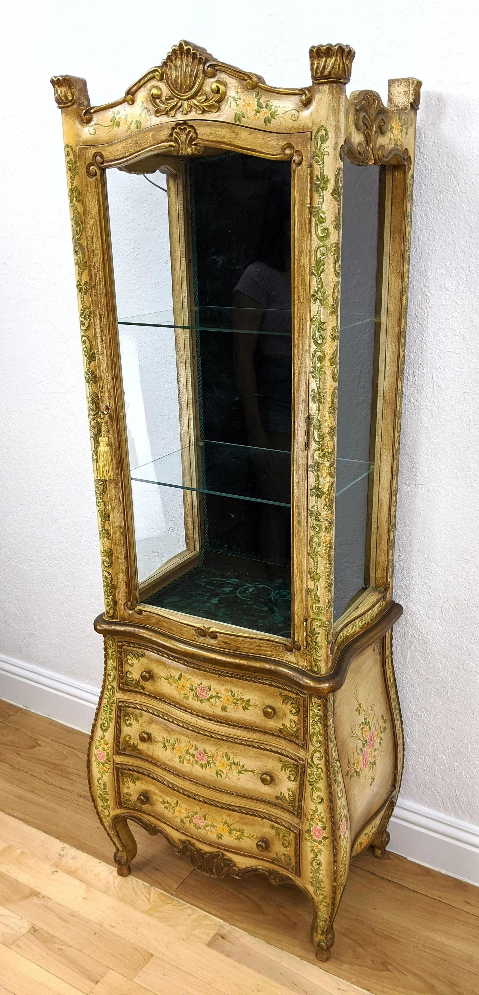 Carved Wood Paint Decorated Vitrine Display Curio Cabin (1 of 9)