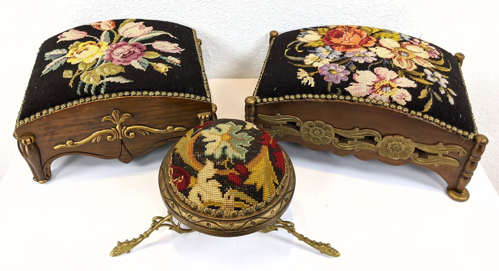 3 pc Needlepoint Top Foot Stools Ottomans. Wood or meta (1 of 6)