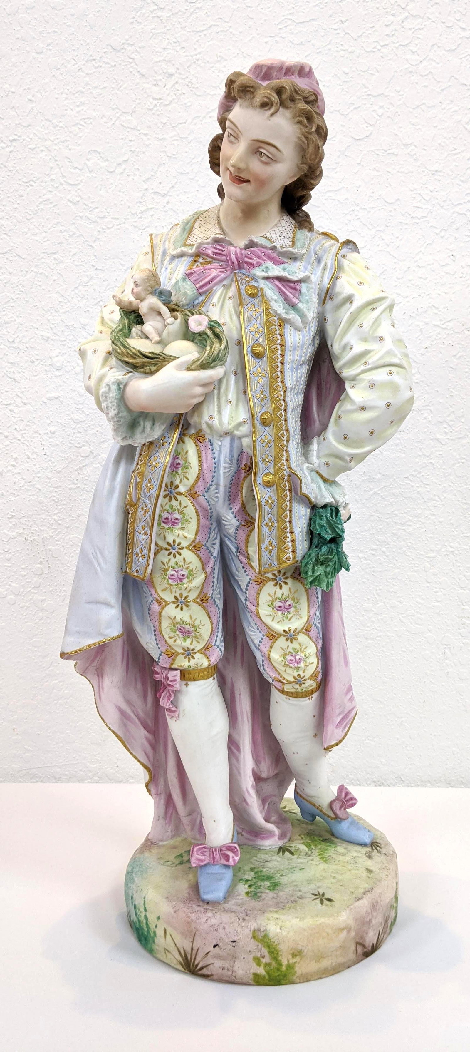 Lg Painted Bisque Figural Sculpture. Man with Cherub in (1 of 12)