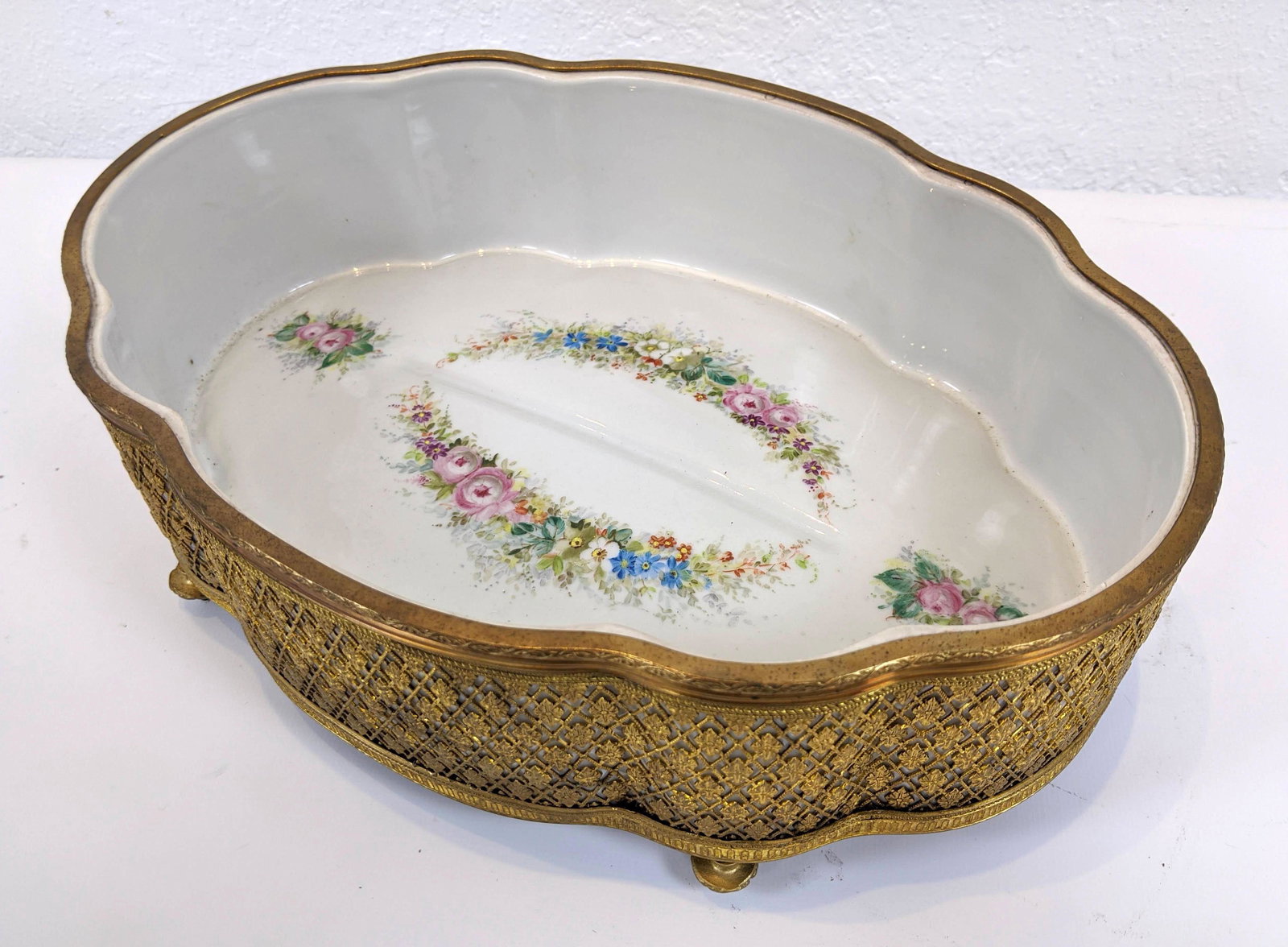 SEVRES French Porcelain Center Bowl. Gilt bronze lattic (1 of 8)
