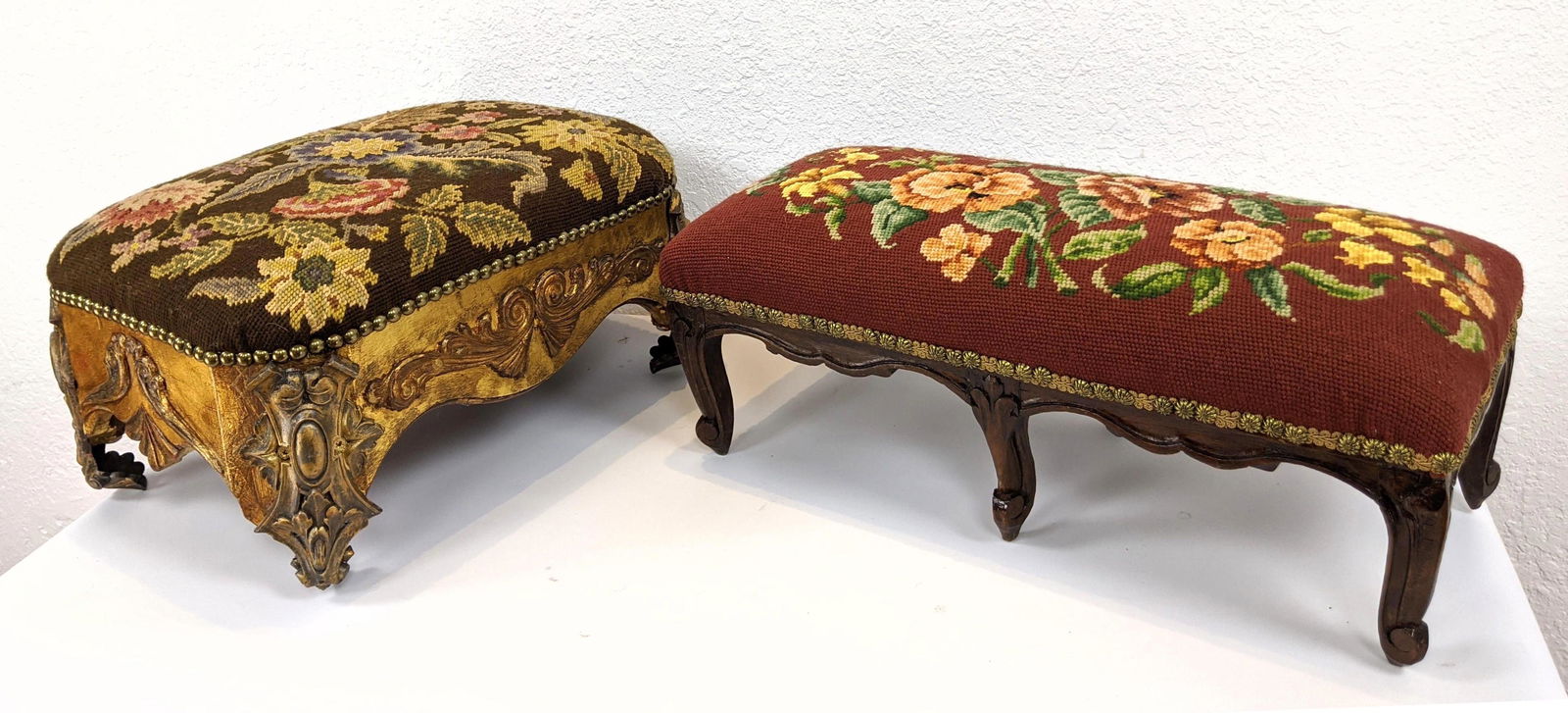 2pc Vintage Needlepoint Stools. Decorative wood bases; (1 of 6)
