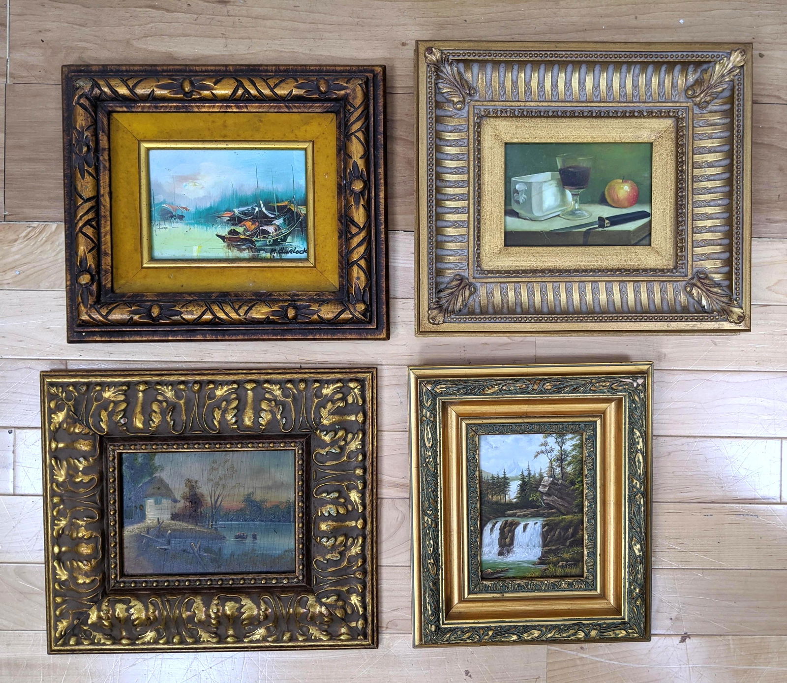 4 Small Oil Paintings. Apple, landscapes, waterfall sce (1 of 9)