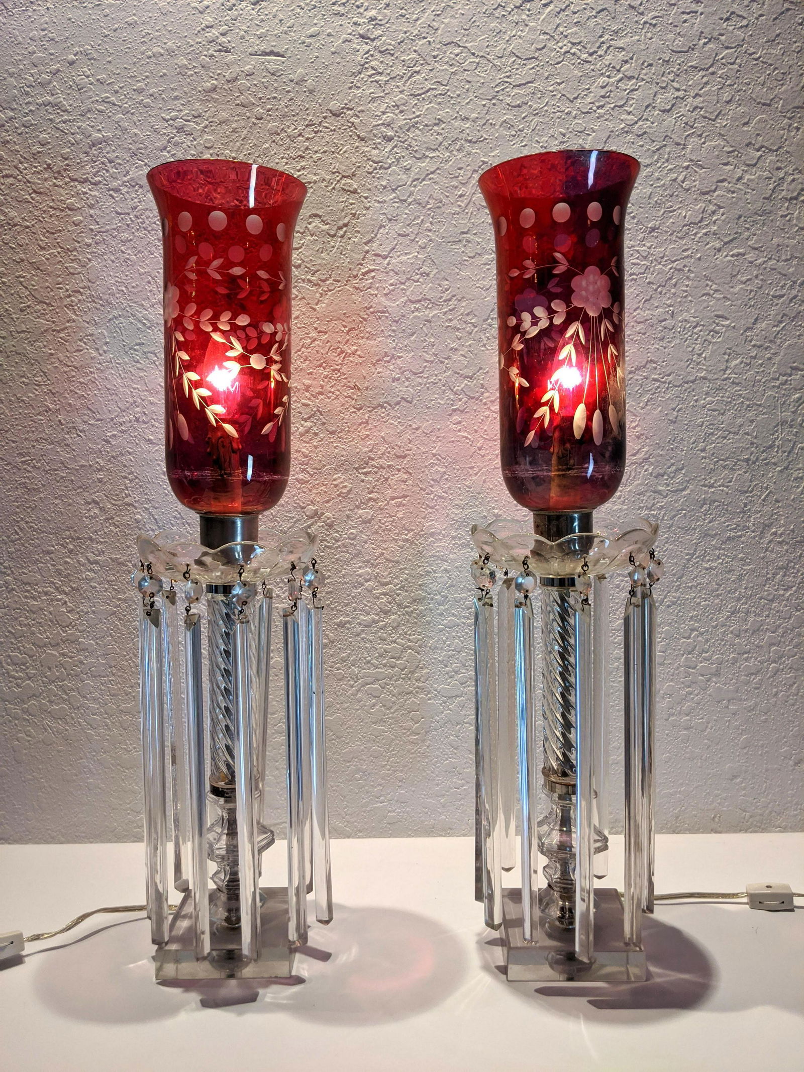 Pr Cranberry Hurricane Lamps. Cranberry cut to clear. 1 (1 of 12)