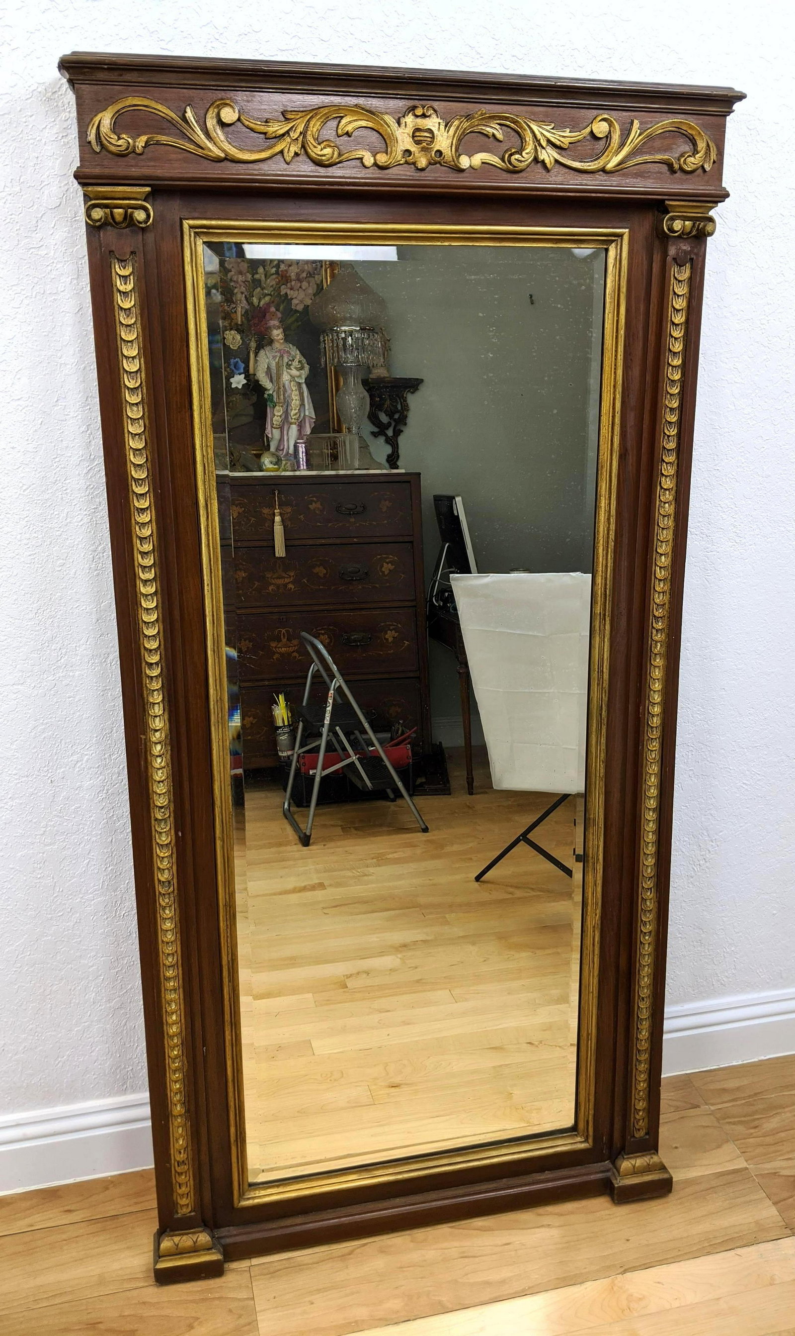 Largeg Vintage Wood Gilt Trim Wall Mirror. Beveled glas: Largeg Vintage Wood Gilt Trim Wall Mirror. Beveled glass.-- Dimensions: H: 70 inches: W: 36 inches: D: 3.5 inches ---